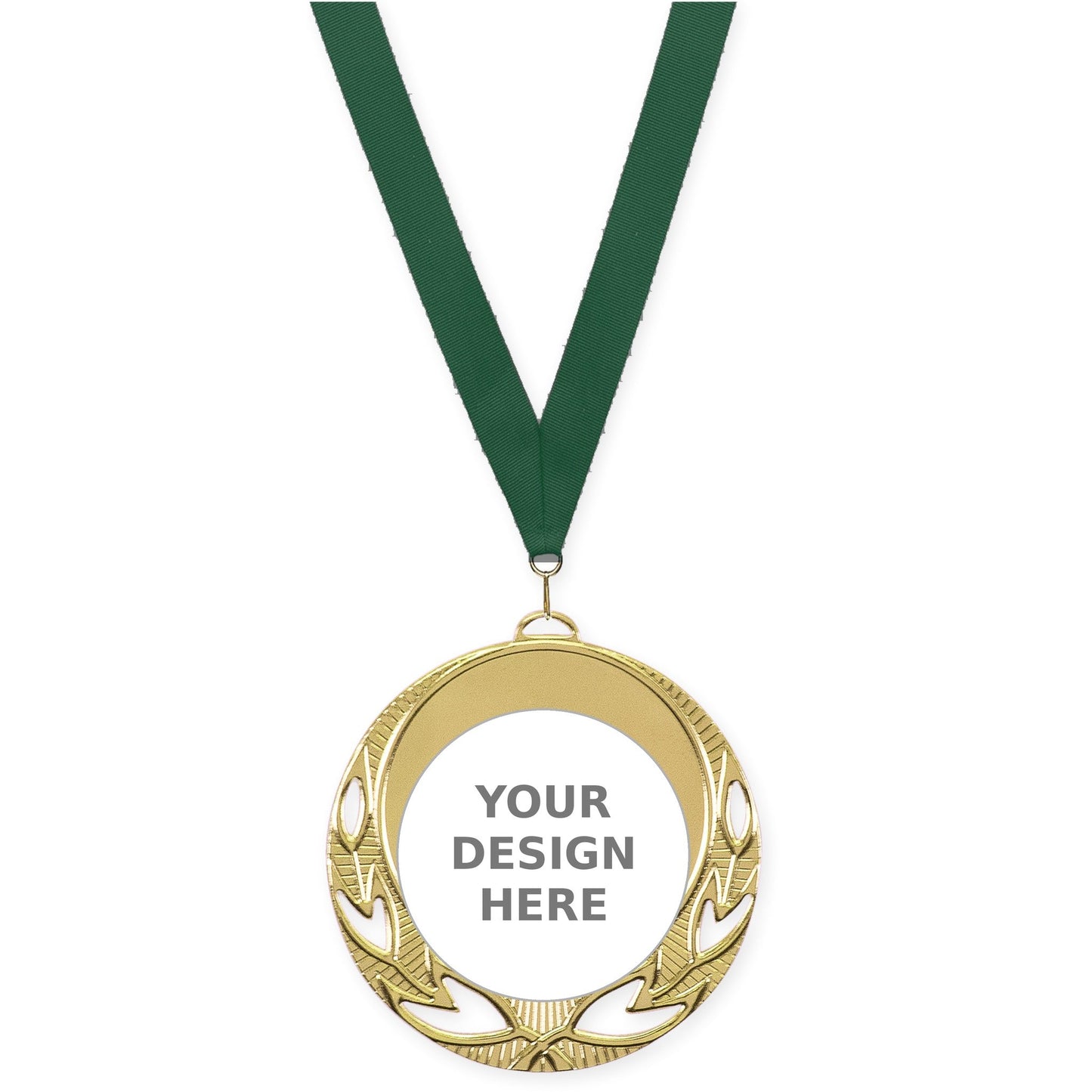 2 3/4 inch Open Laurel insert medal in bright gold with Hunter Green neck ribbon