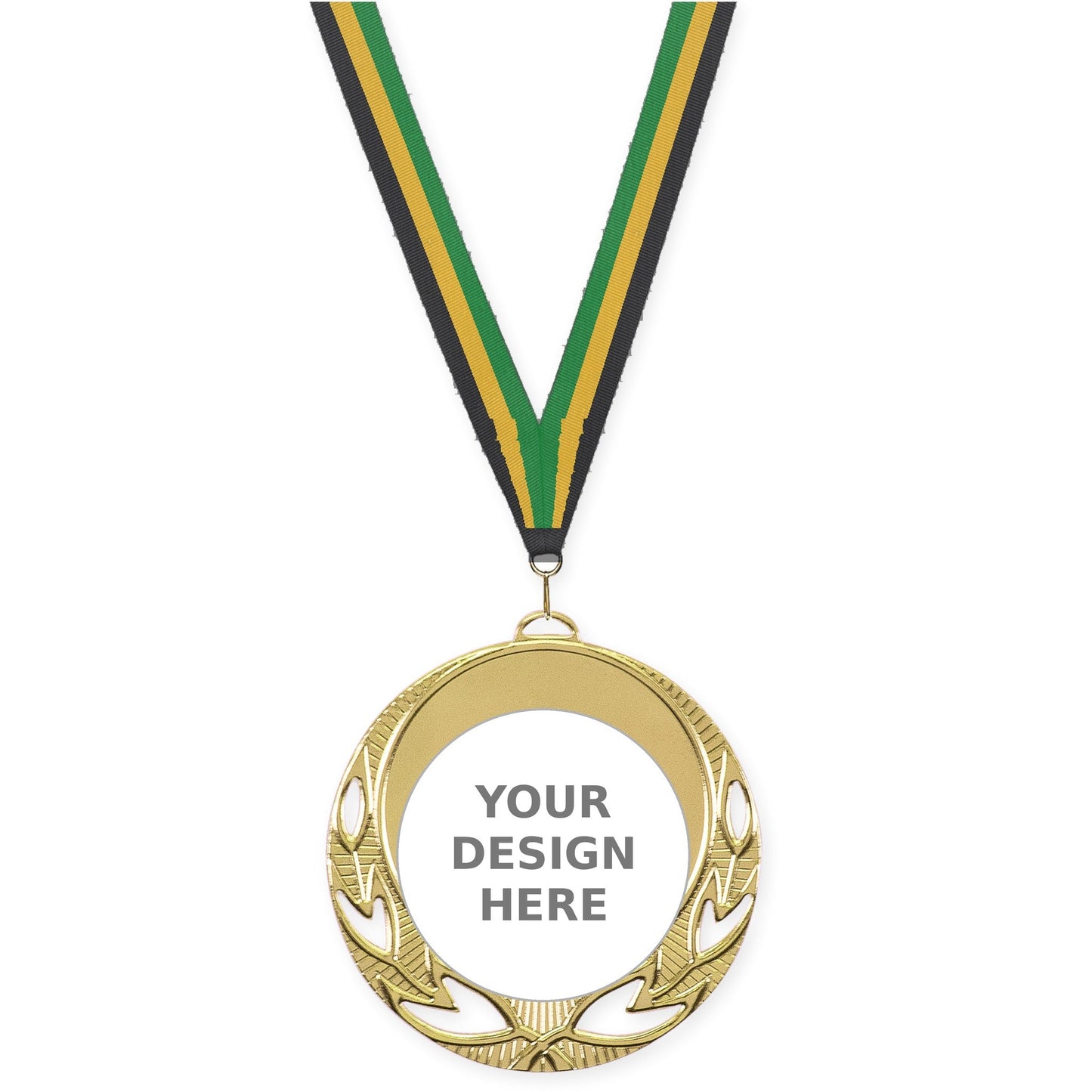 2 3/4 inch Open Laurel insert medal in bright gold with Black Gold Green neck ribbon