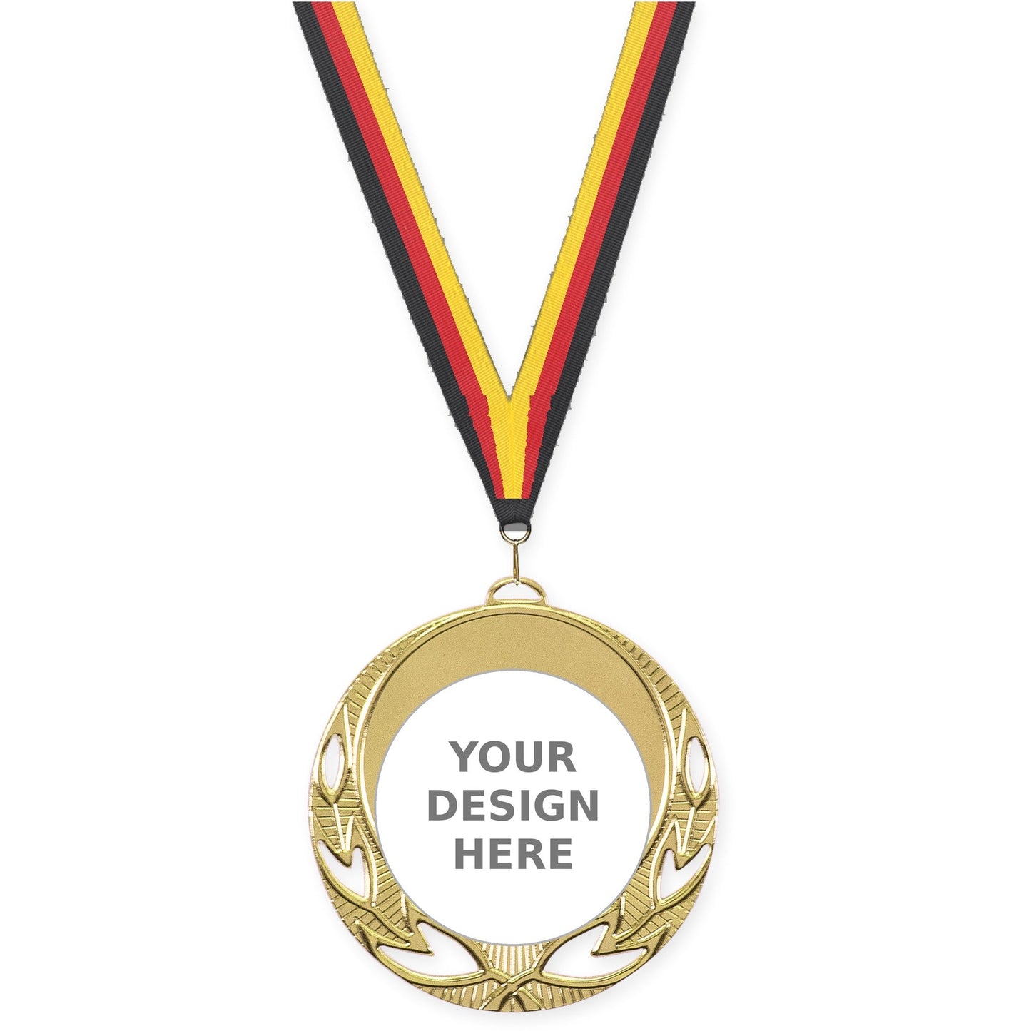 2 3/4 inch Open Laurel insert medal in bright gold with Black Red Yellow neck ribbon