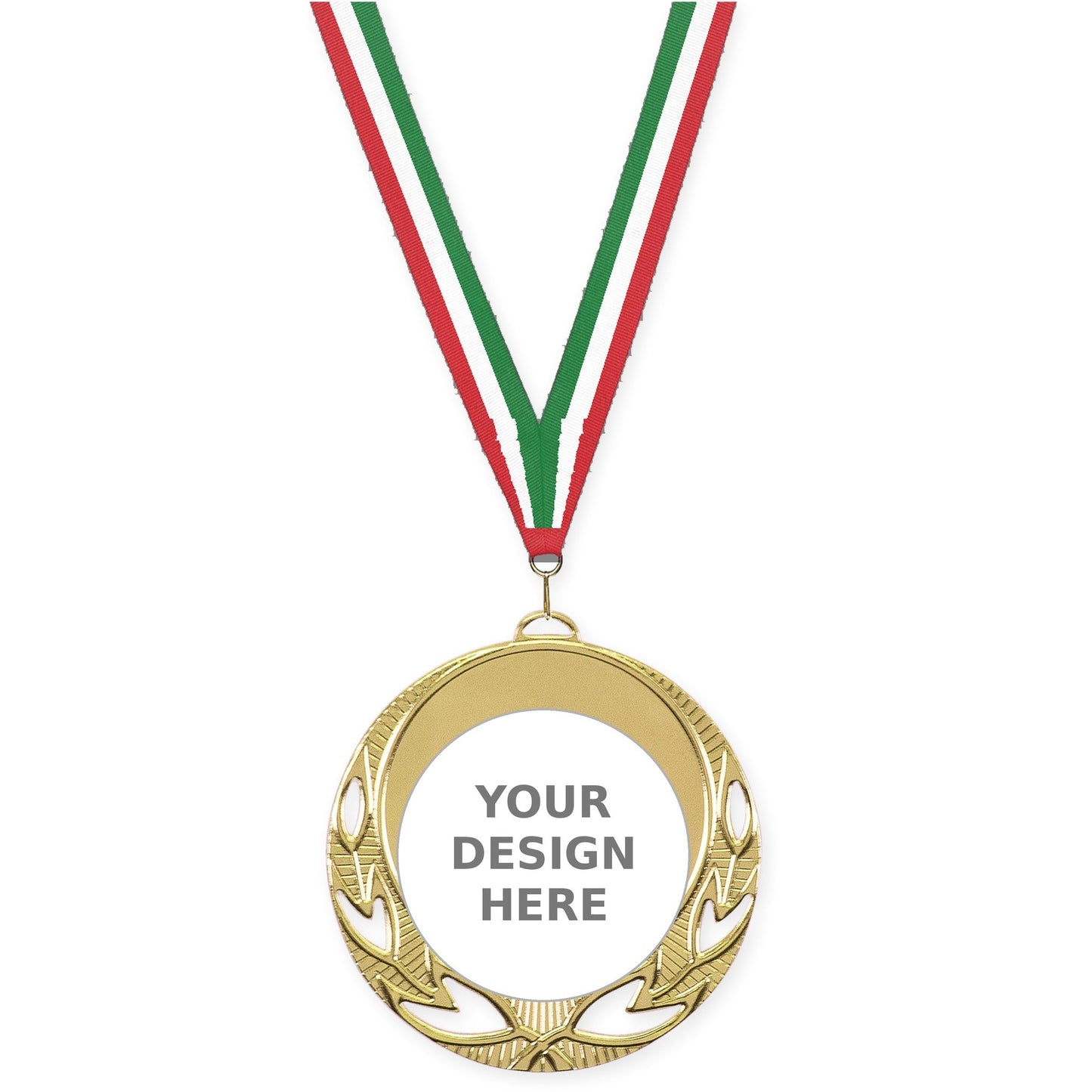 2 3/4 inch Open Laurel insert medal in bright gold with Red White Green neck ribbon