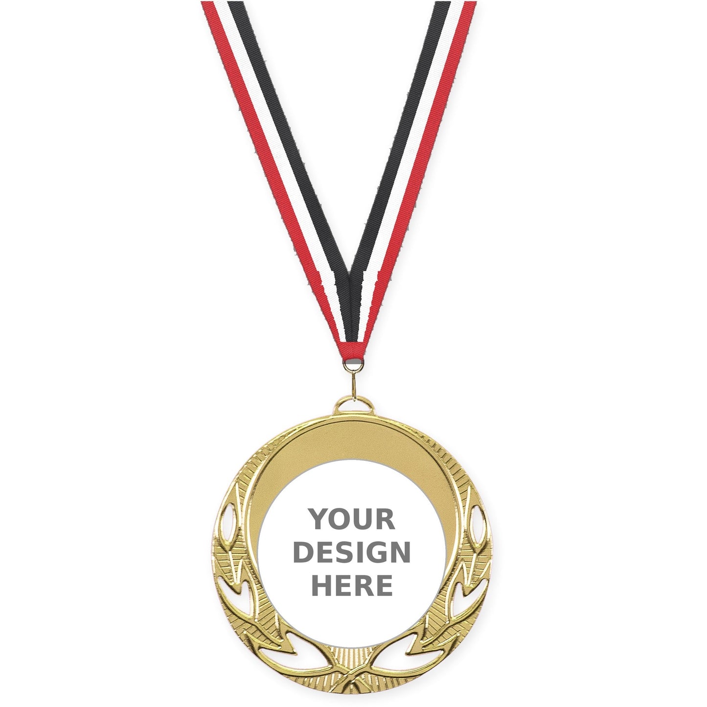 2 3/4 inch Open Laurel insert medal in bright gold with Red White Black neck ribbon