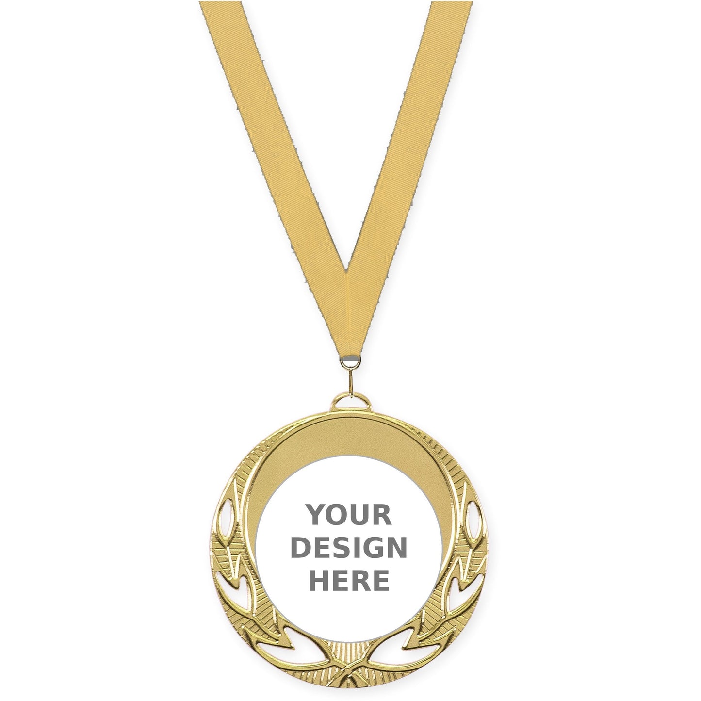 2 3/4 inch Open Laurel insert medal in bright gold with Gold Metallic neck ribbon