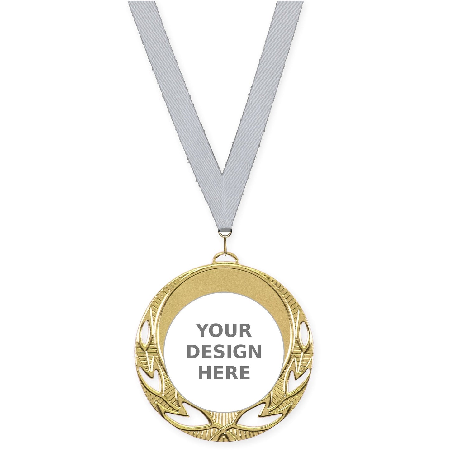 2 3/4 inch Open Laurel insert medal in bright gold with Silver Metallic neck ribbon