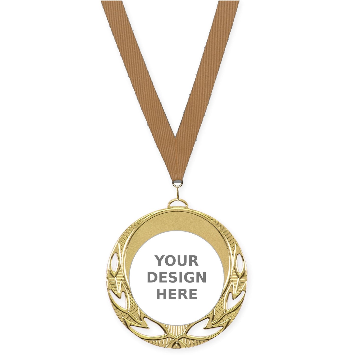 2 3/4 inch Open Laurel insert medal in bright gold with Bronze Metallic neck ribbon