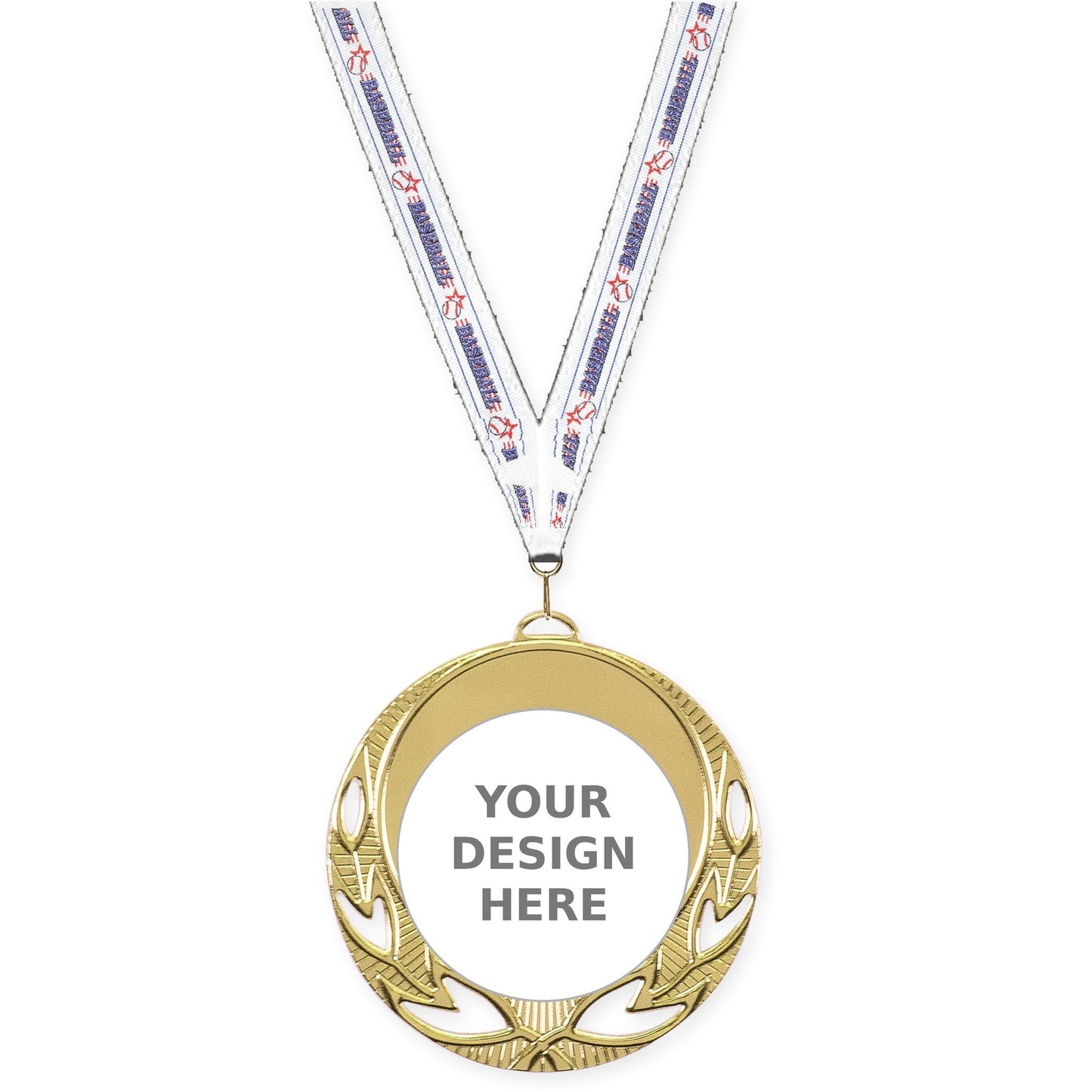 2 3/4 inch Open Laurel insert medal in bright gold with Baseball neck ribbon