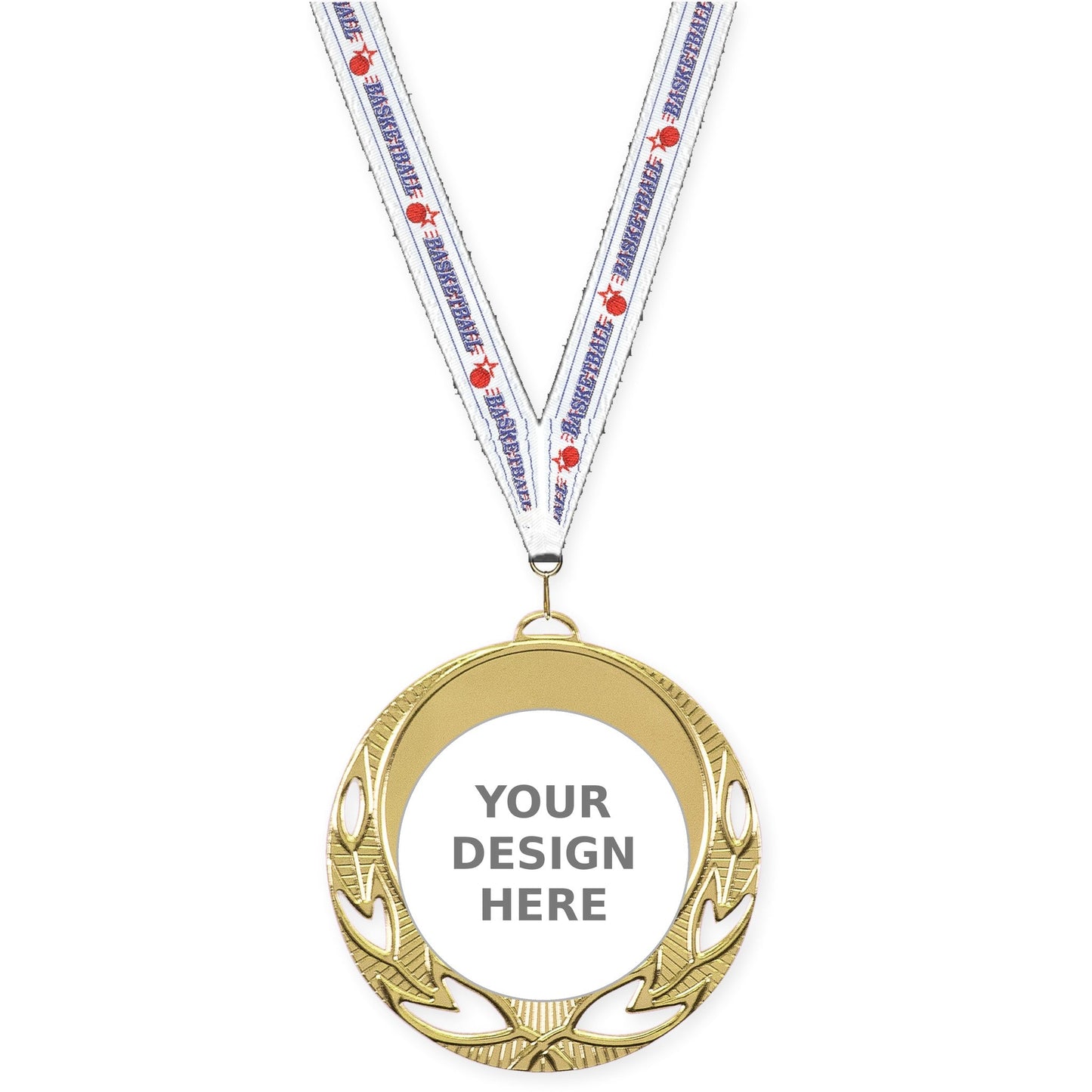 2 3/4 inch Open Laurel insert medal in bright gold with Basketball neck ribbon