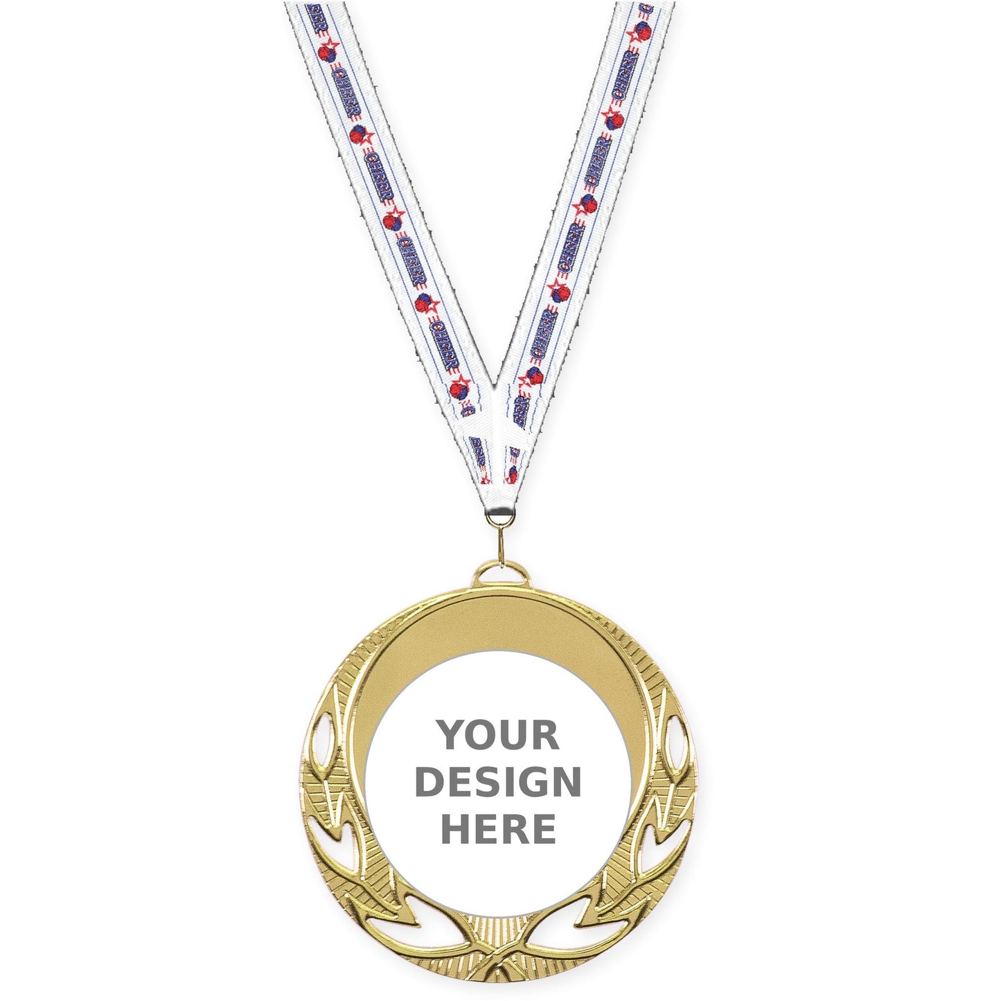 2 3/4 inch Open Laurel insert medal in bright gold with Cheerleading neck ribbon