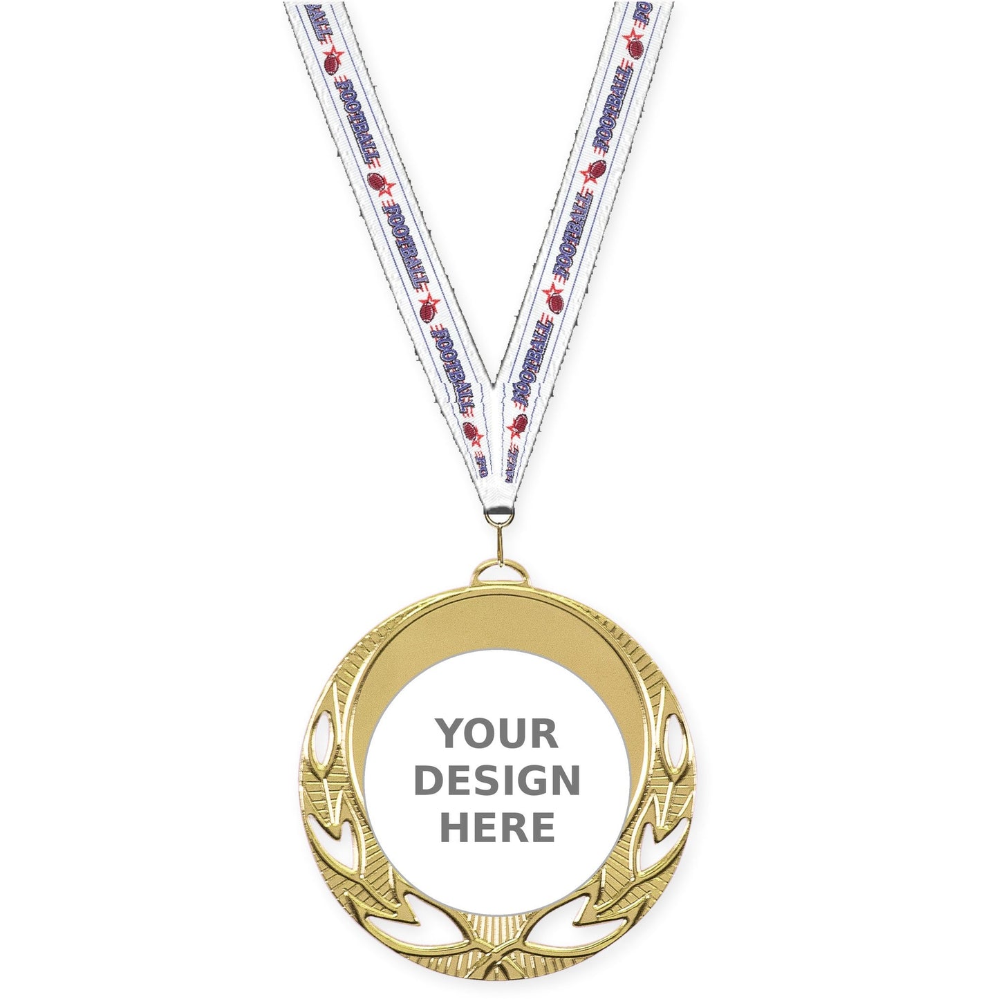 2 3/4 inch Open Laurel insert medal in bright gold with Football neck ribbon