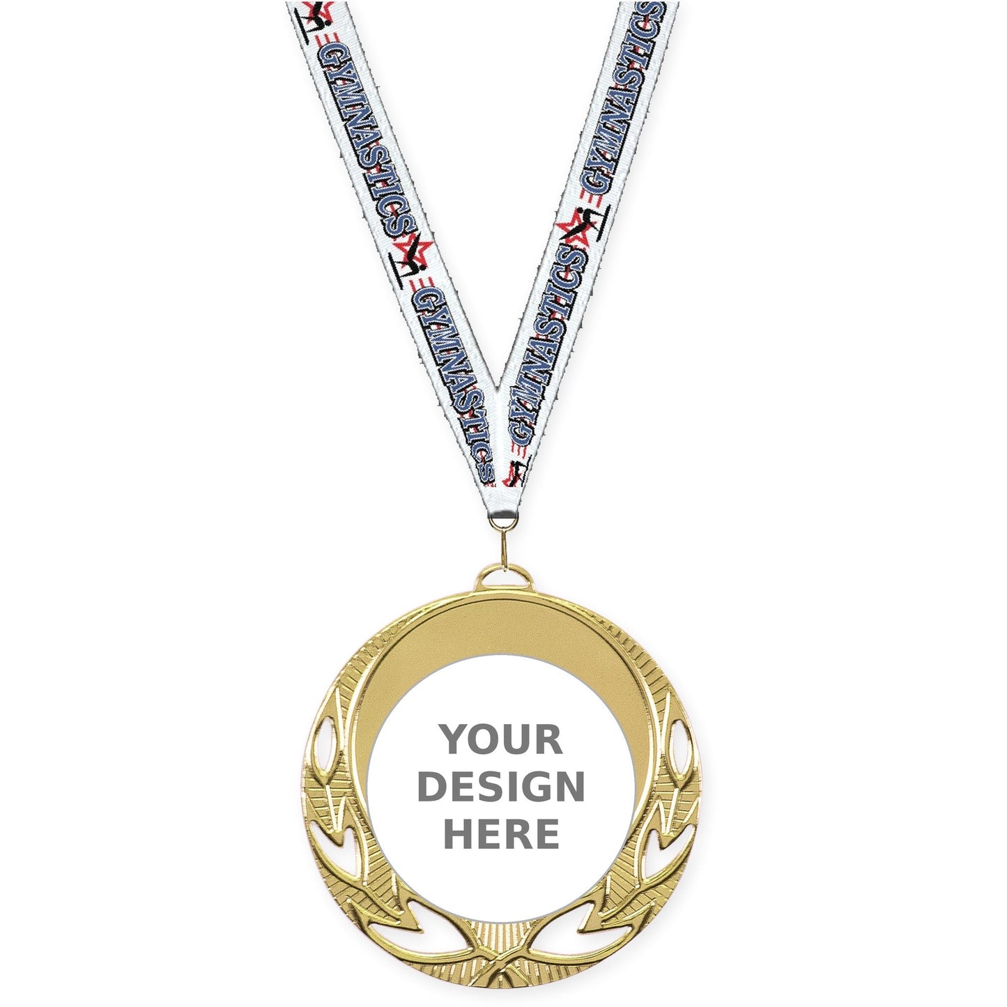 2 3/4 inch Open Laurel insert medal in bright gold with Gymnastics neck ribbon