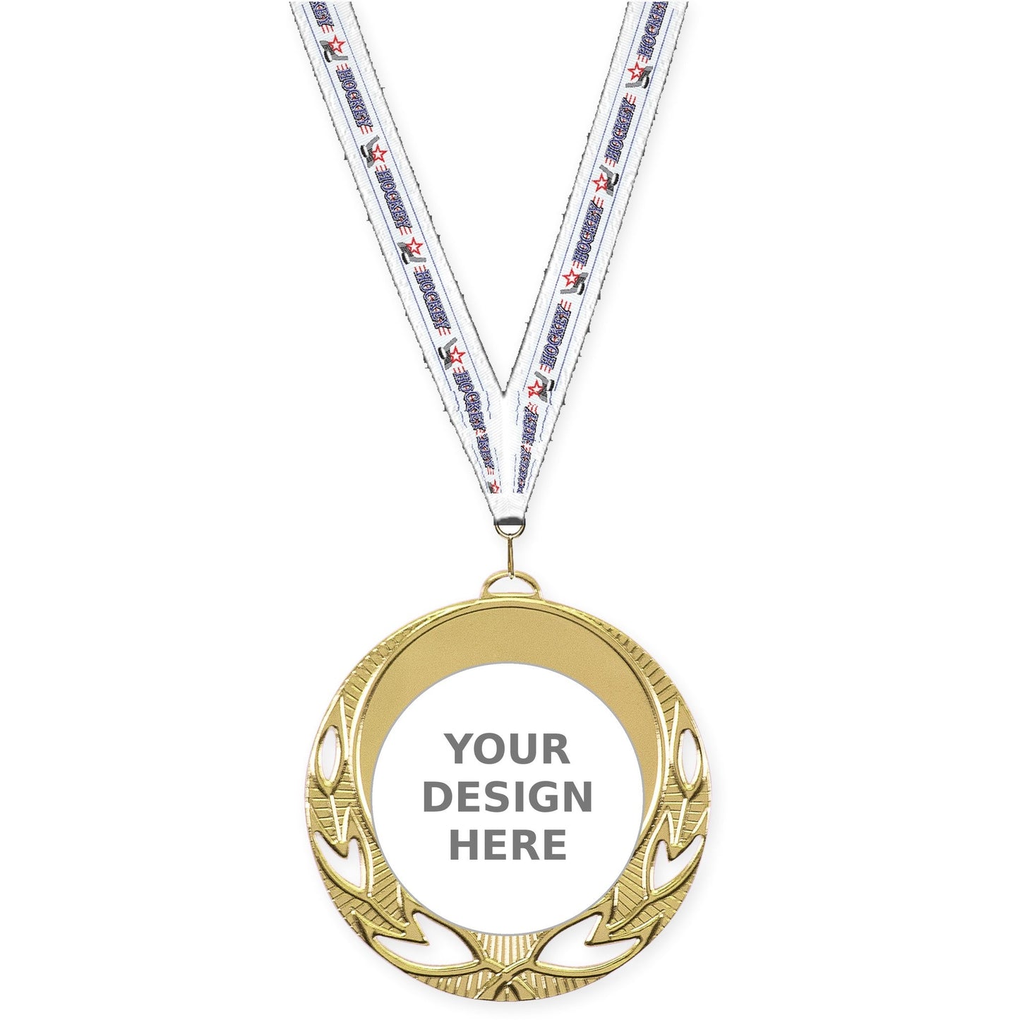 2 3/4 inch Open Laurel insert medal in bright gold with Hockey neck ribbon
