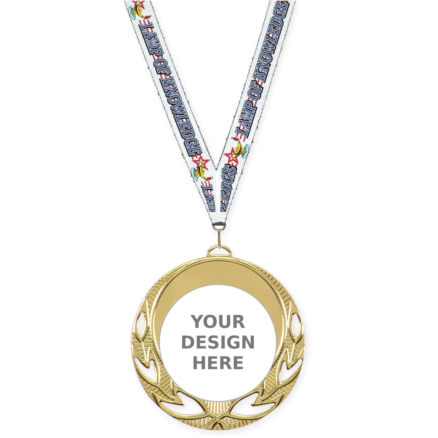 2 3/4 inch Open Laurel insert medal in bright gold with Lamp Of Knowledge neck ribbon