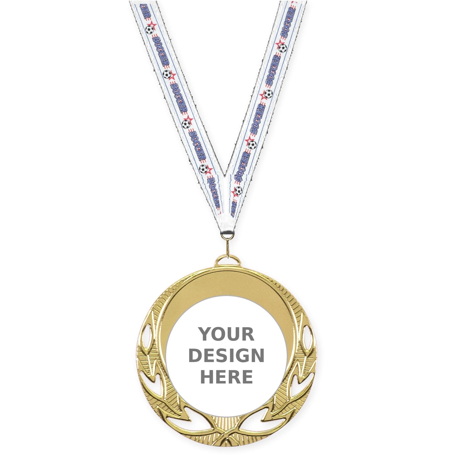 2 3/4 inch Open Laurel insert medal in bright gold with Soccer neck ribbon