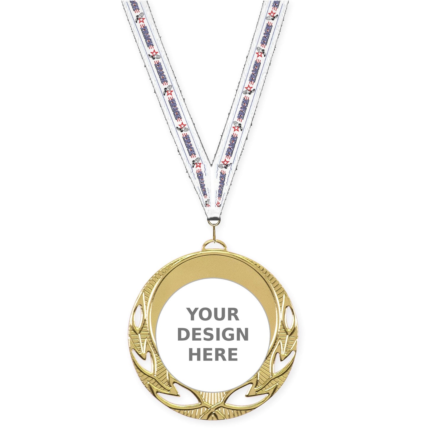 2 3/4 inch Open Laurel insert medal in bright gold with Track neck ribbon
