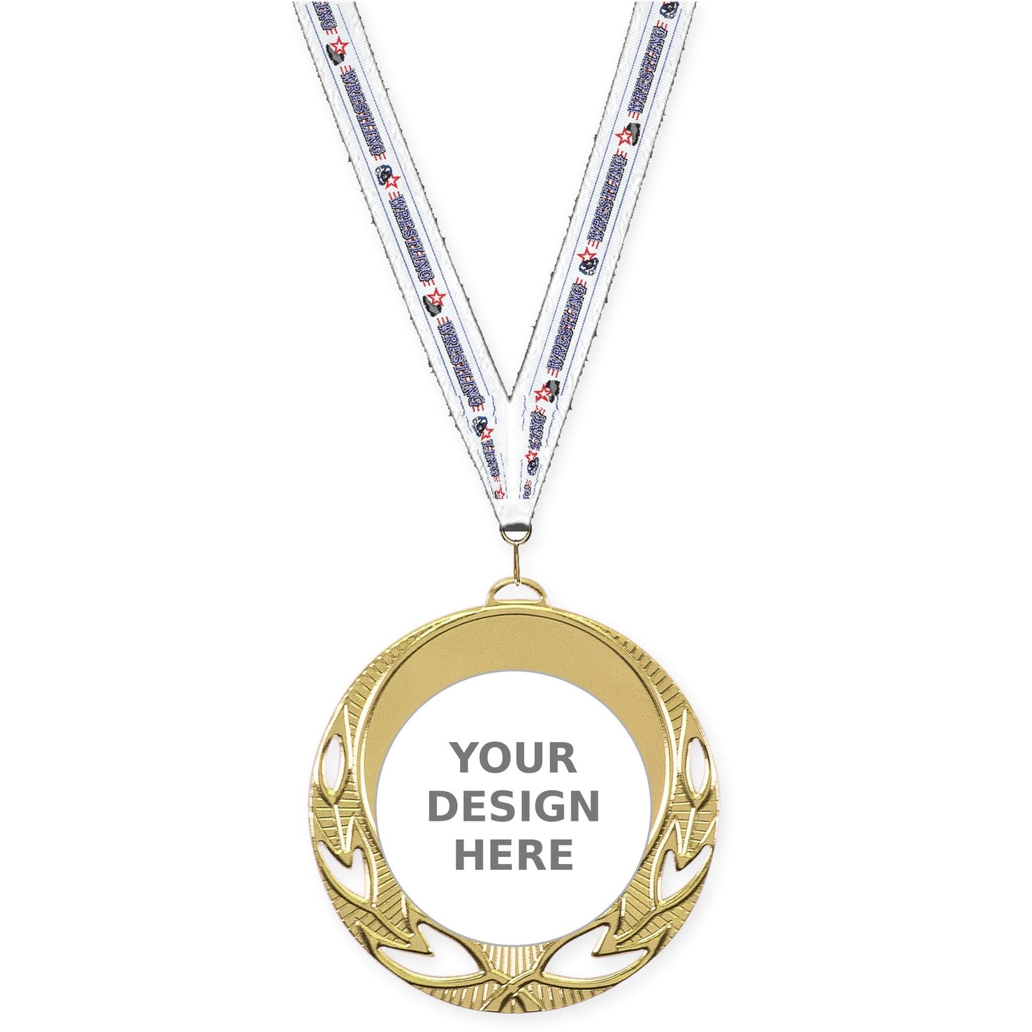 2 3/4 inch Open Laurel insert medal in bright gold with Wrestling neck ribbon