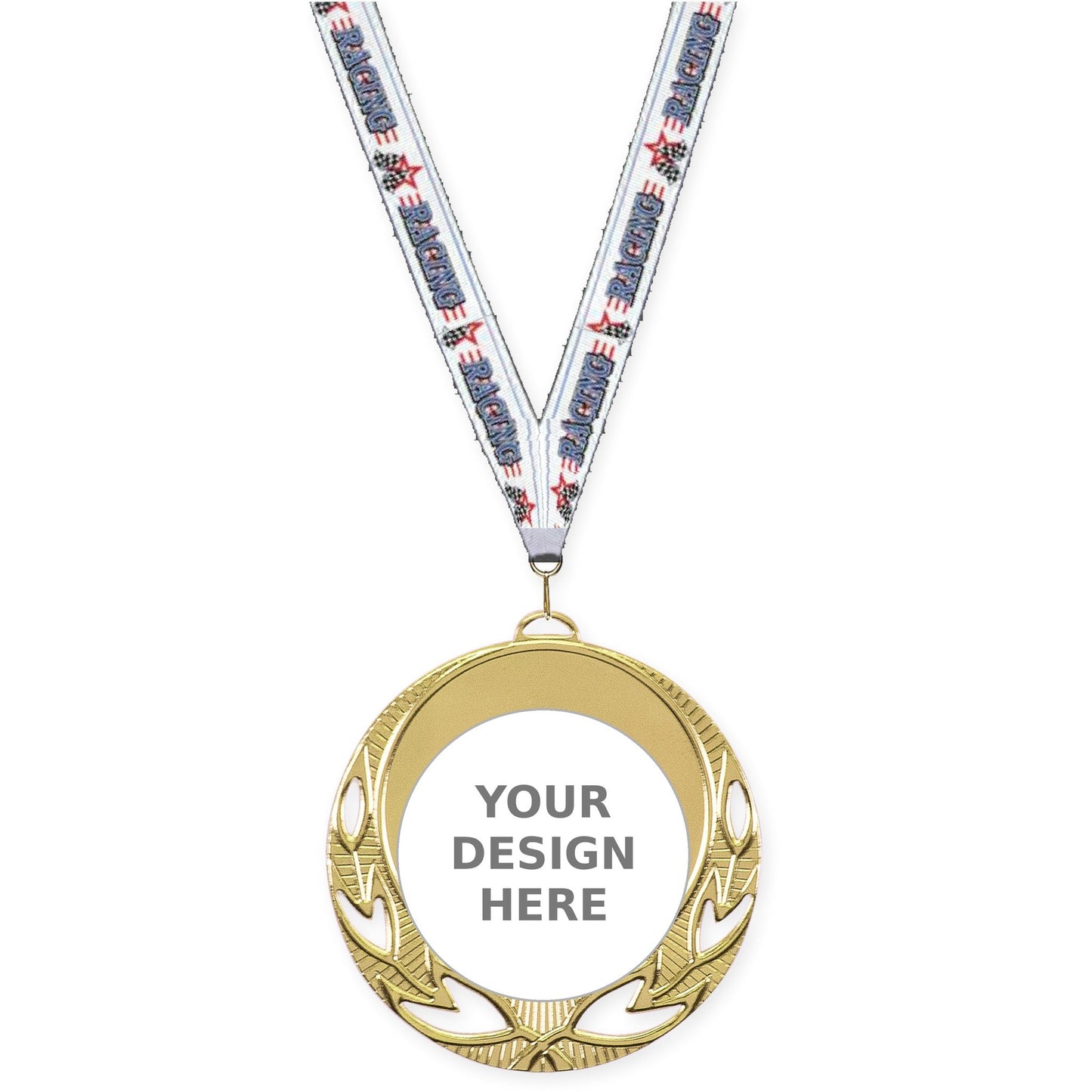 2 3/4 inch Open Laurel insert medal in bright gold with Auto Racing neck ribbon