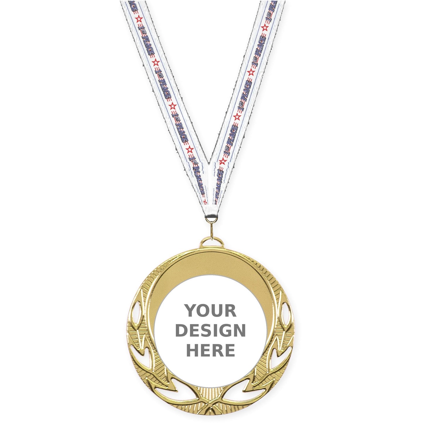 2 3/4 inch Open Laurel insert medal in bright gold with 1st Place neck ribbon