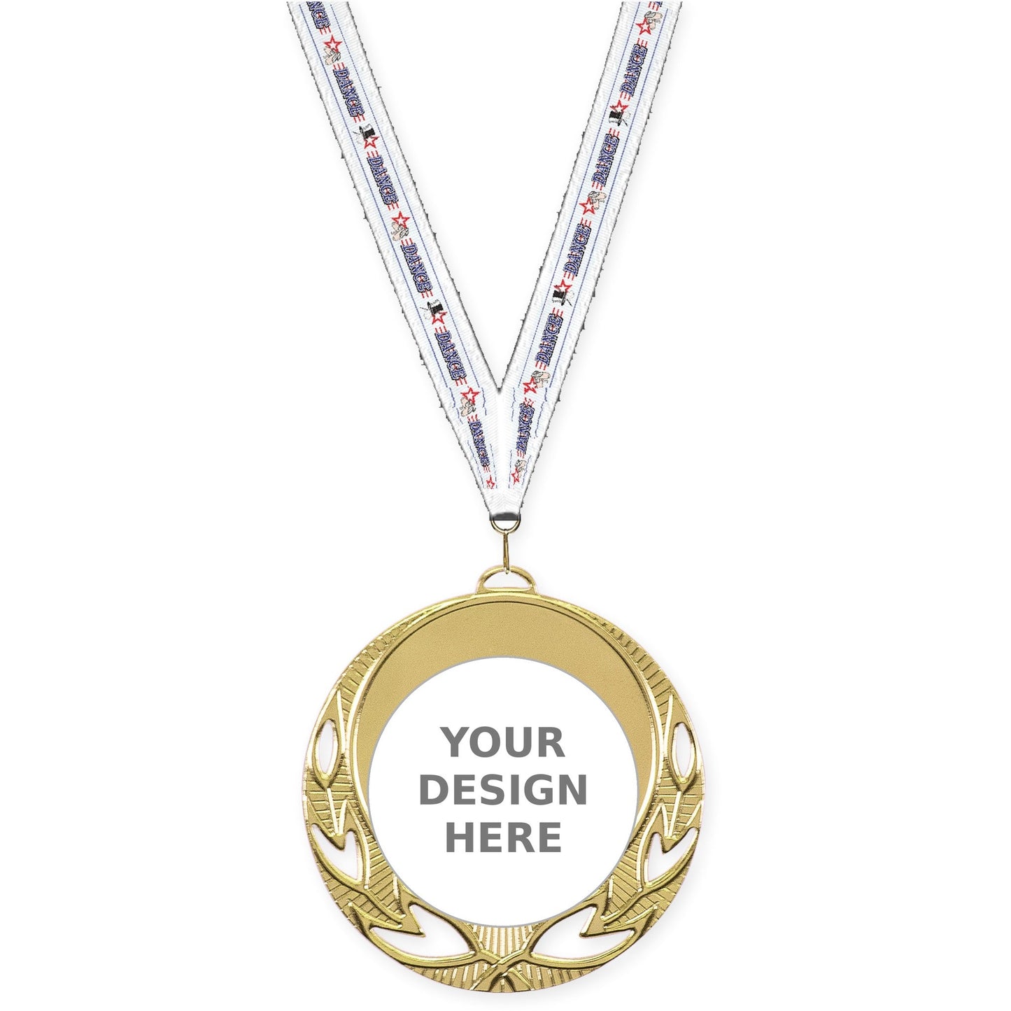 2 3/4 inch Open Laurel insert medal in bright gold with Dance neck ribbon
