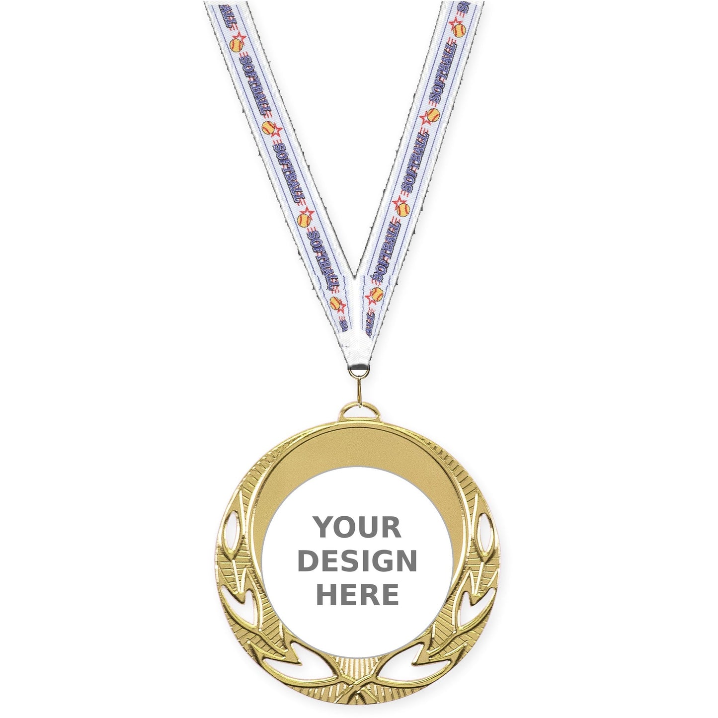 2 3/4 inch Open Laurel insert medal in bright gold with Softball neck ribbon