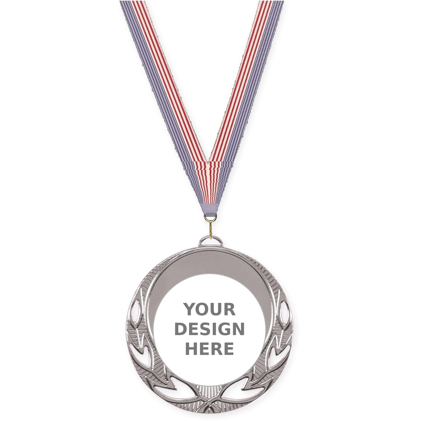 2 3/4 inch Open Laurel insert medal in bright silver with USA Flag neck ribbon