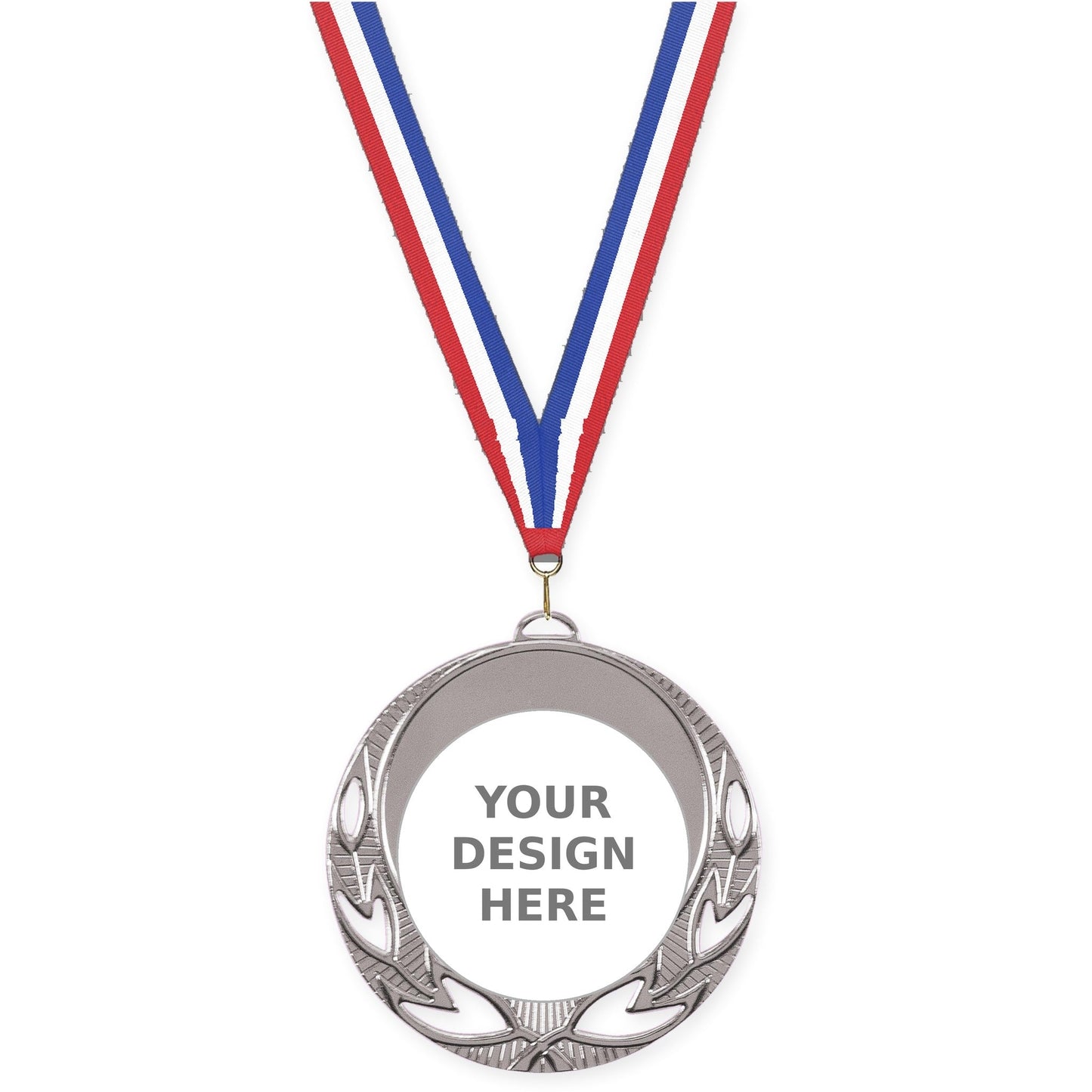 2 3/4 inch Open Laurel insert medal in bright silver with Red White Blue neck ribbon