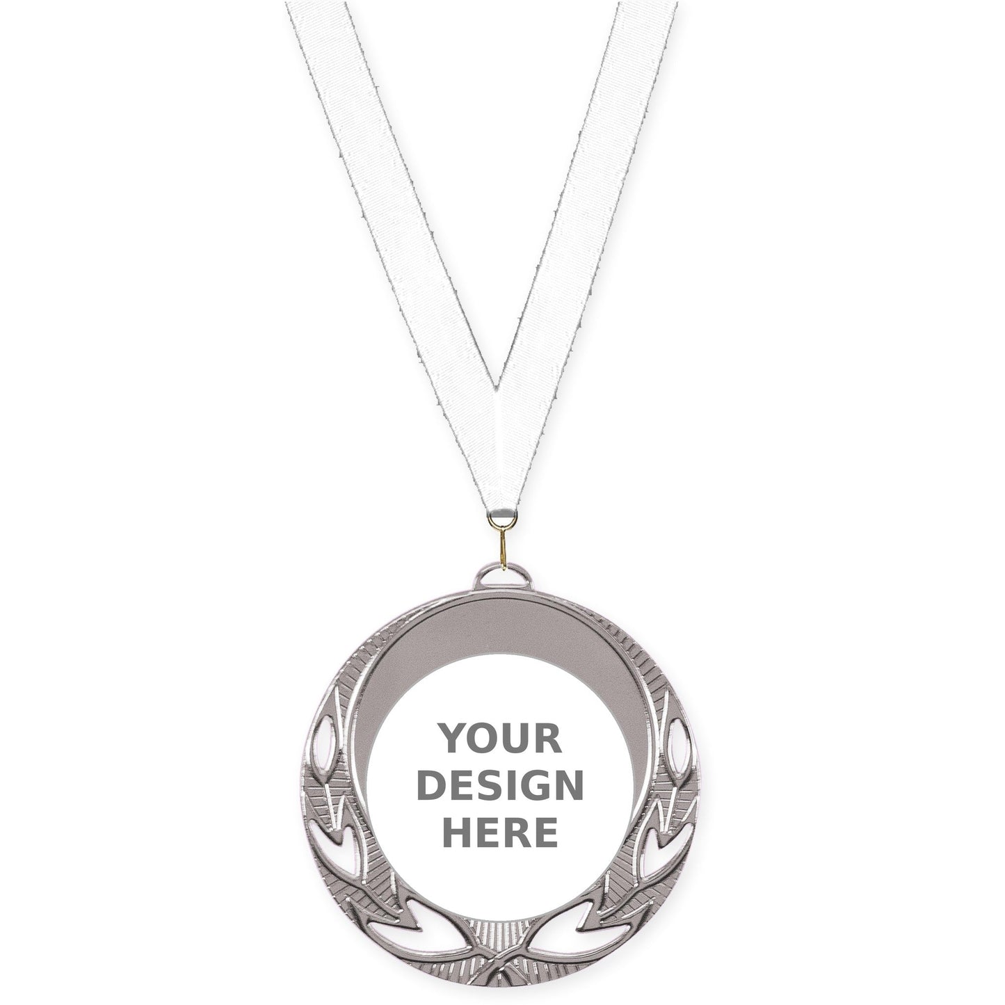 2 3/4 inch Open Laurel insert medal in bright silver with White neck ribbon