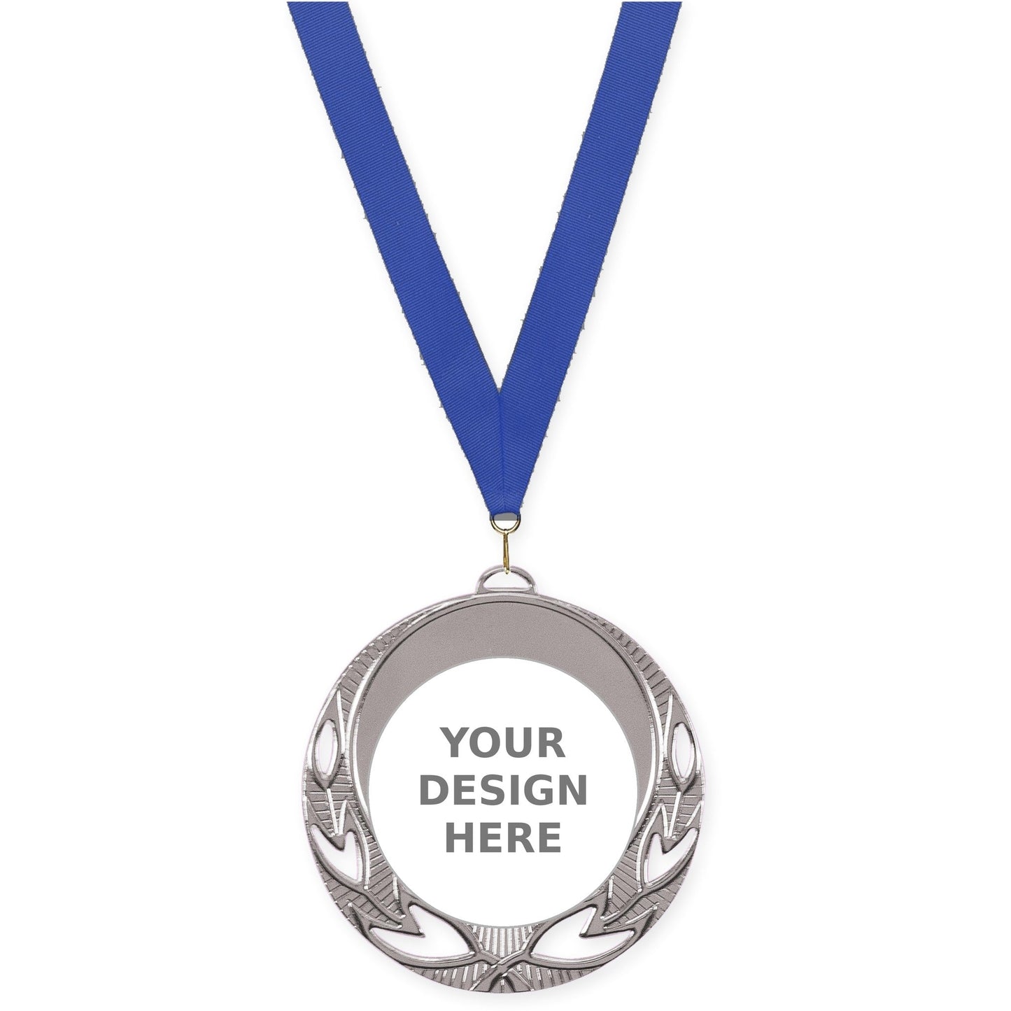 2 3/4 inch Open Laurel insert medal in bright silver with Blue neck ribbon