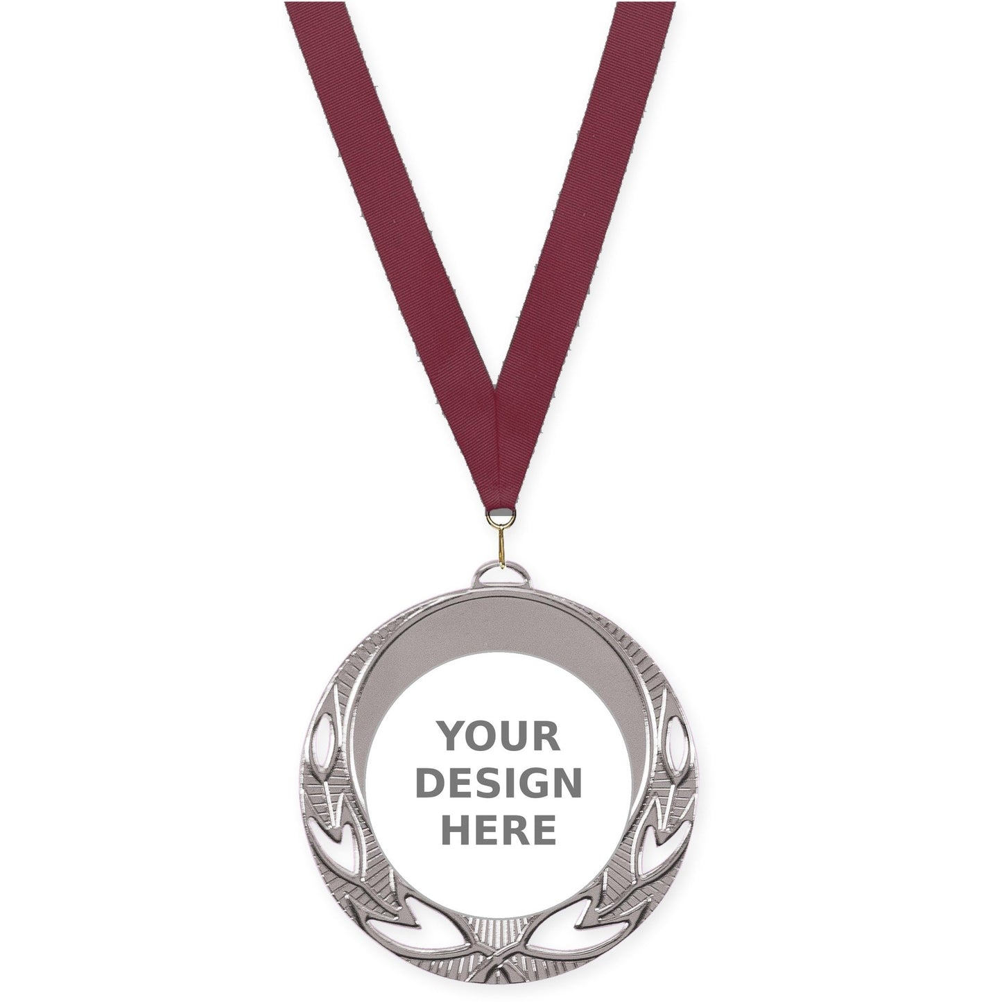 2 3/4 inch Open Laurel insert medal in bright silver with Maroon neck ribbon