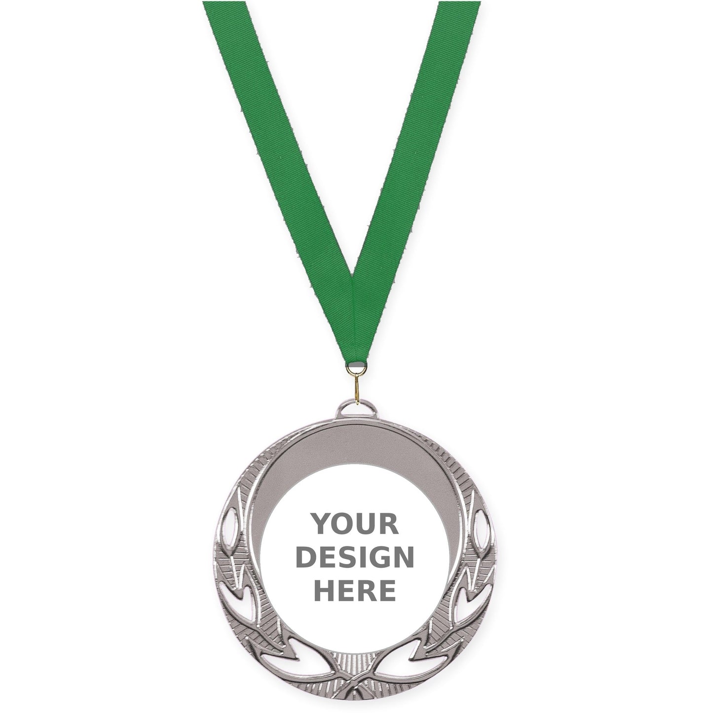 2 3/4 inch Open Laurel insert medal in bright silver with Green neck ribbon