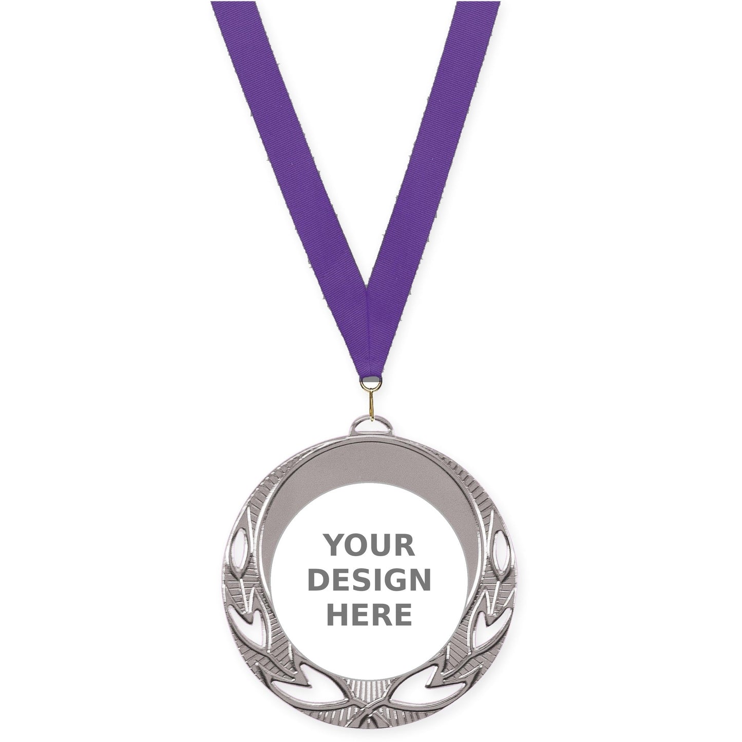 2 3/4 inch Open Laurel insert medal in bright silver with Purple neck ribbon