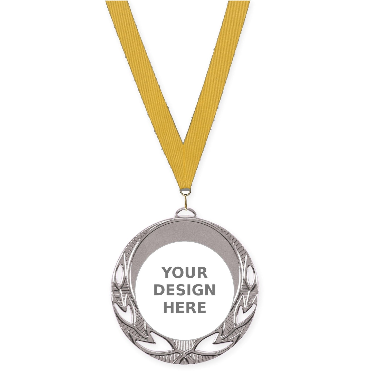 2 3/4 inch Open Laurel insert medal in bright silver with Gold neck ribbon