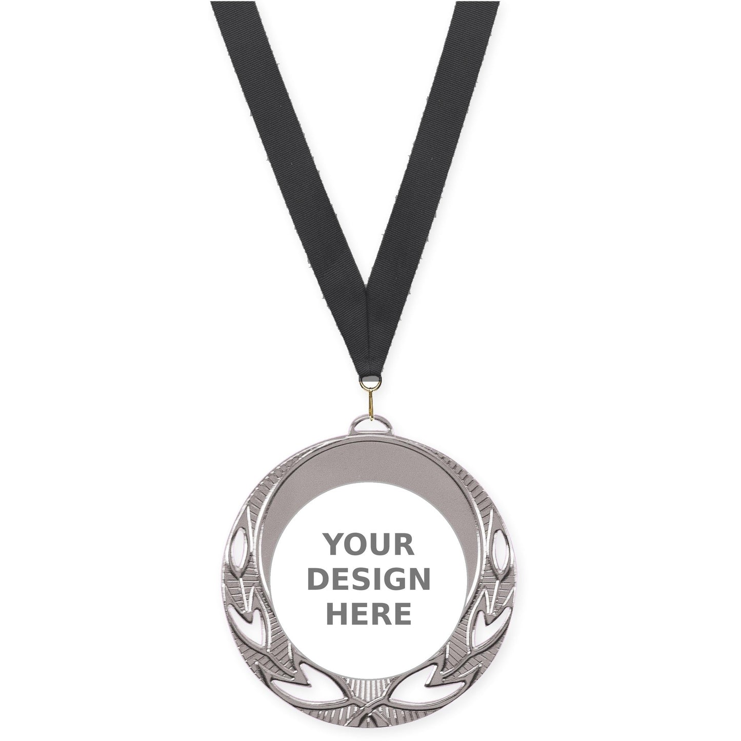 2 3/4 inch Open Laurel insert medal in bright silver with Black neck ribbon