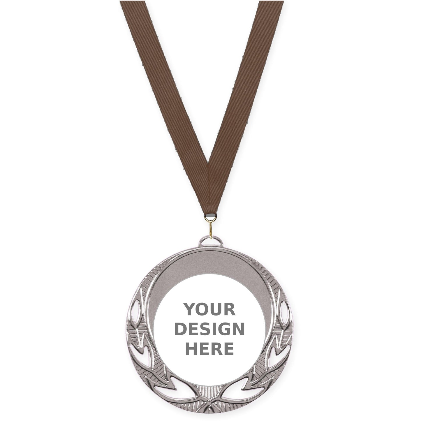 2 3/4 inch Open Laurel insert medal in bright silver with Brown neck ribbon