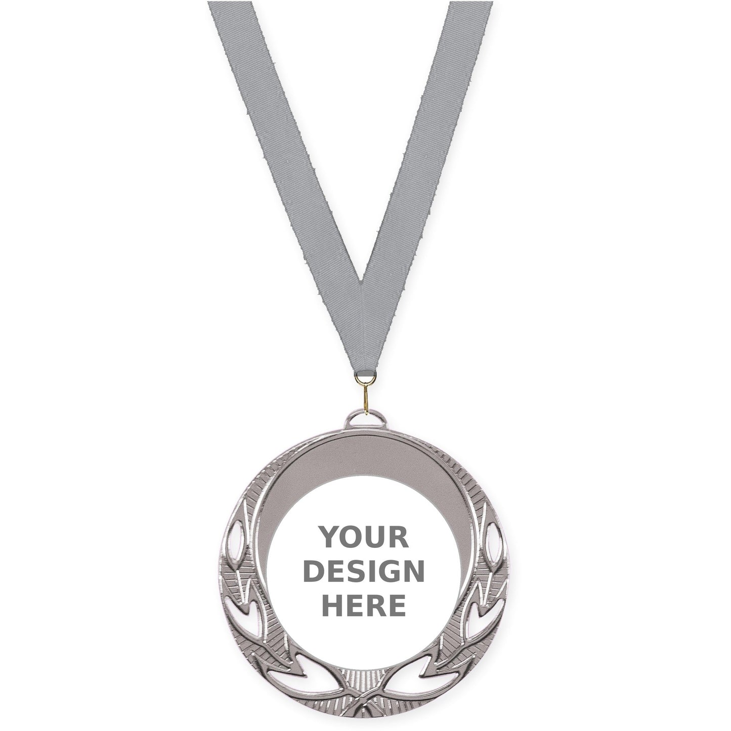 2 3/4 inch Open Laurel insert medal in bright silver with Gray neck ribbon