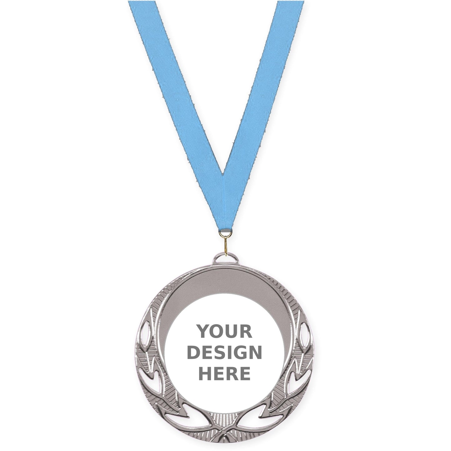 2 3/4 inch Open Laurel insert medal in bright silver with Light Blue neck ribbon