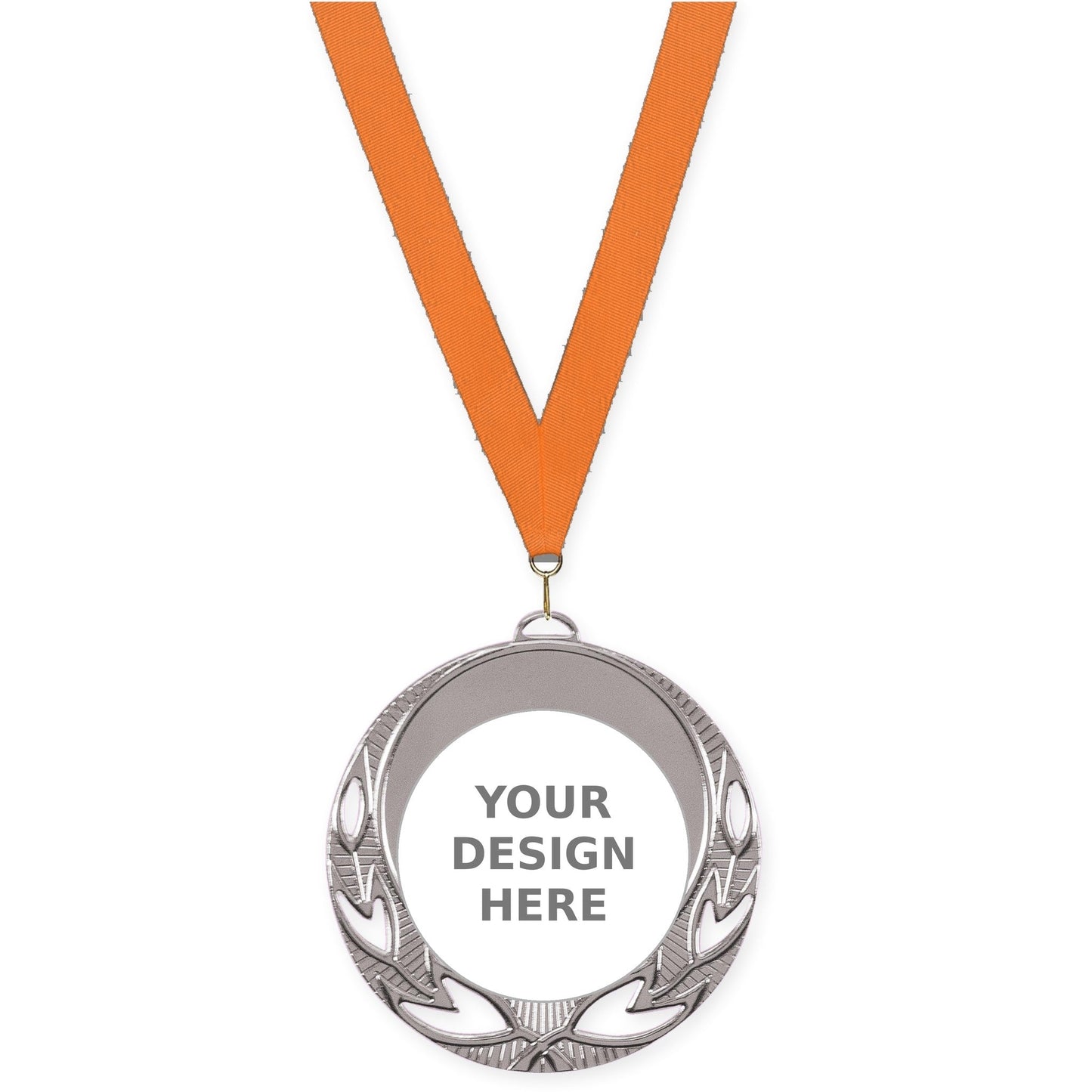 2 3/4 inch Open Laurel insert medal in bright silver with Orange neck ribbon