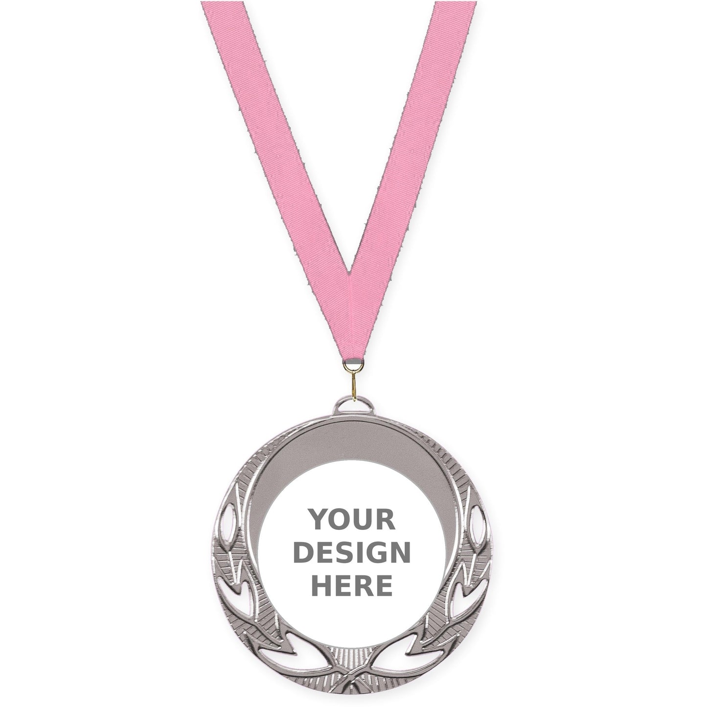 2 3/4 inch Open Laurel insert medal in bright silver with Pink neck ribbon
