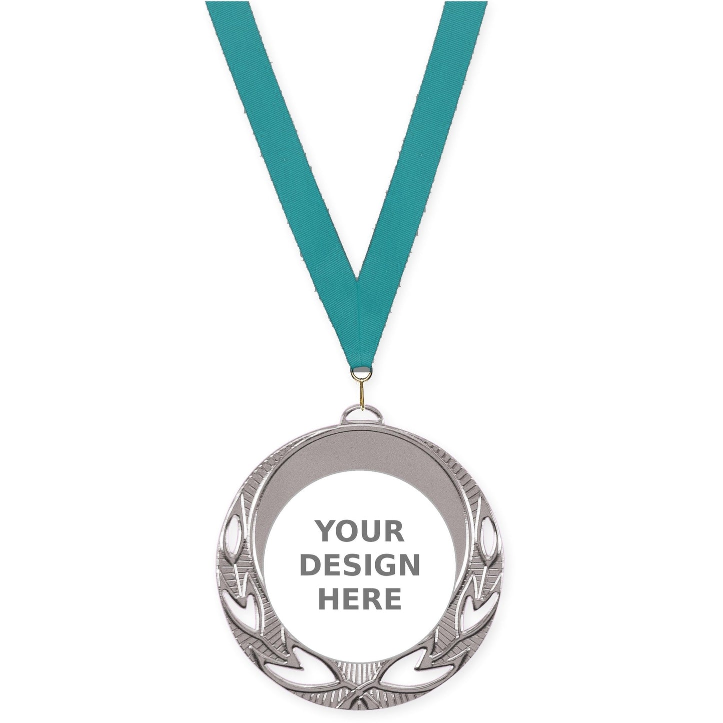2 3/4 inch Open Laurel insert medal in bright silver with Teal neck ribbon