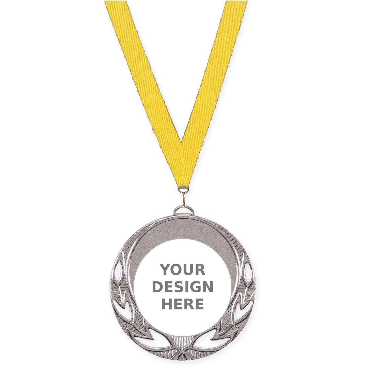 2 3/4 inch Open Laurel insert medal in bright silver with Yellow neck ribbon
