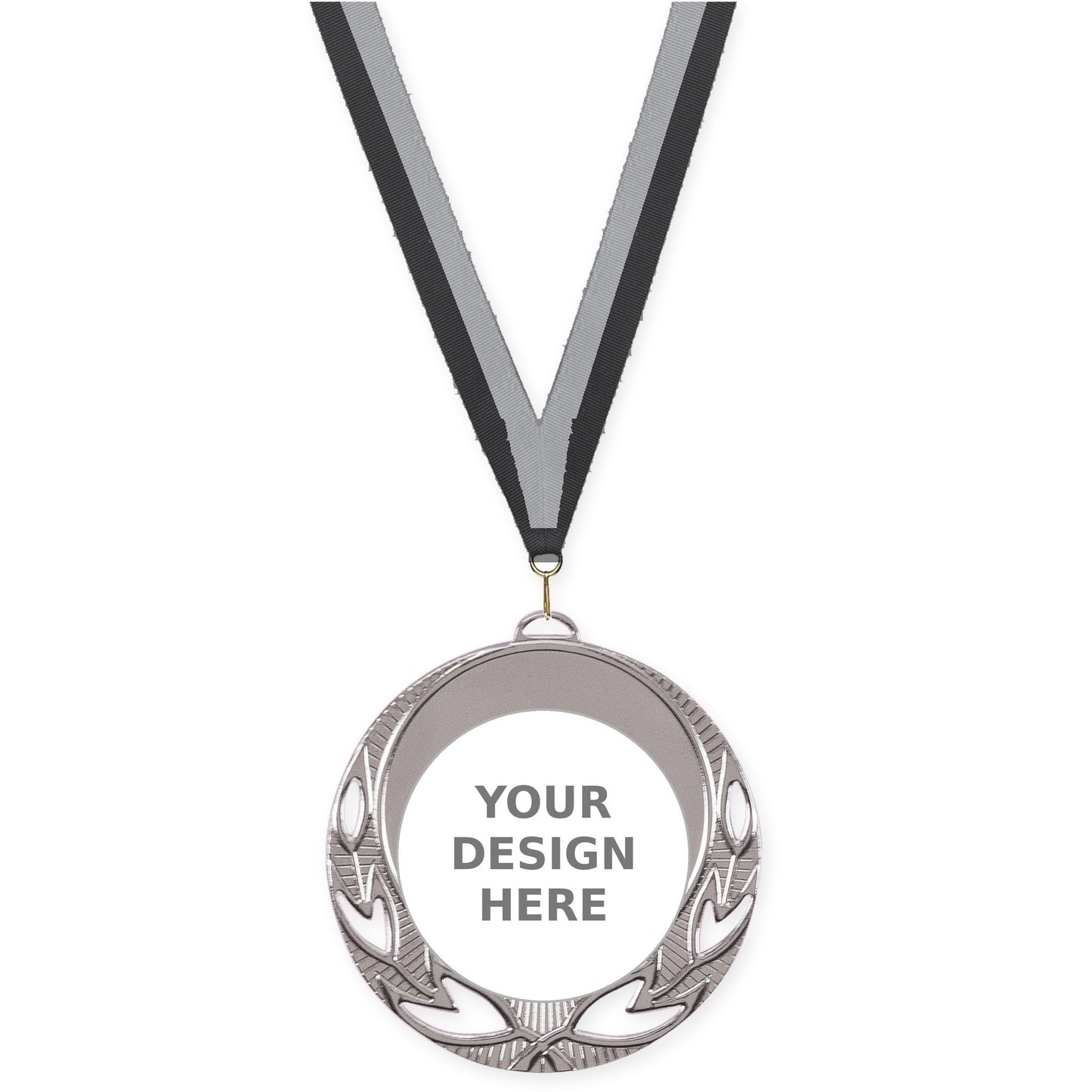 2 3/4 inch Open Laurel insert medal in bright silver with Black Gray neck ribbon
