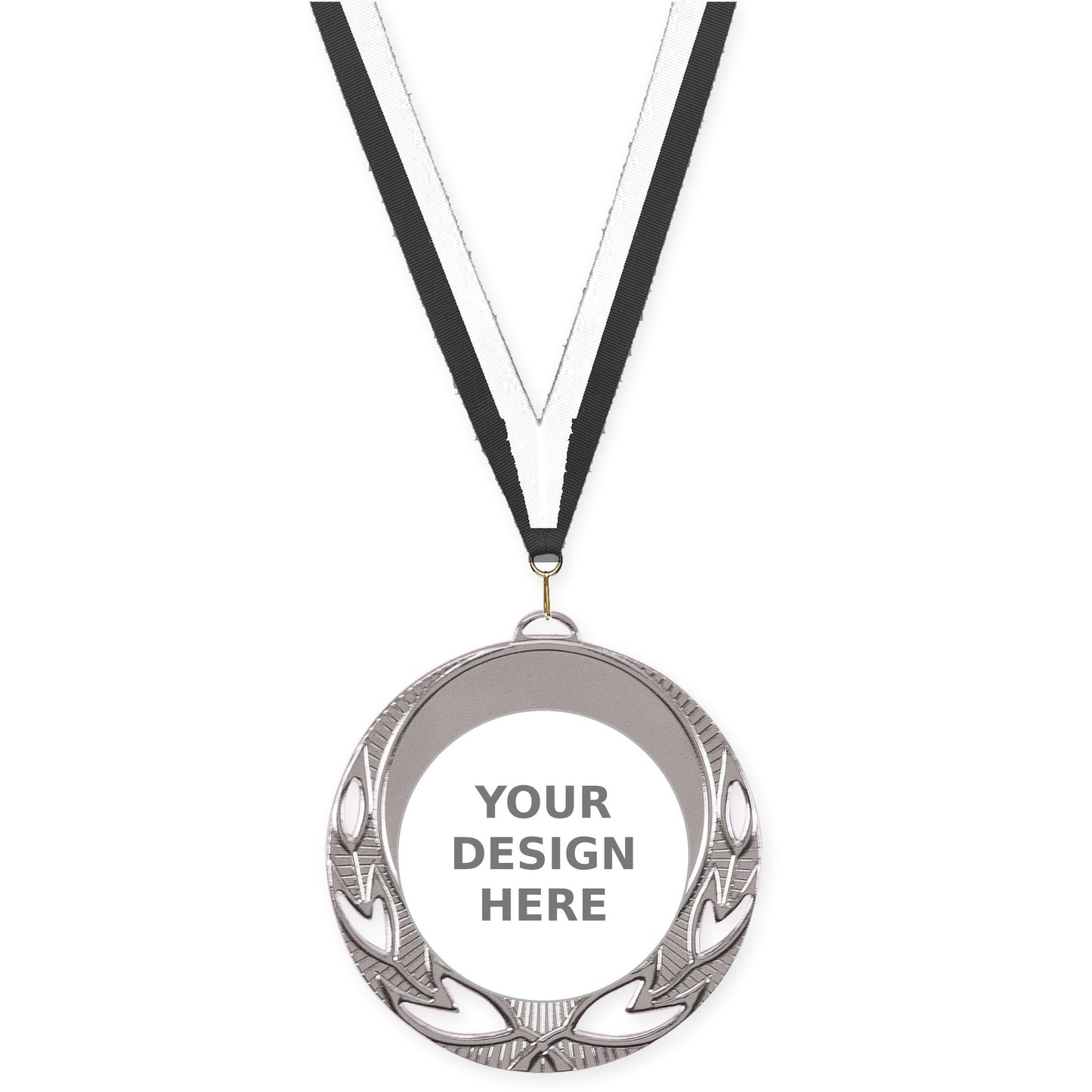 2 3/4 inch Open Laurel insert medal in bright silver with Black White neck ribbon
