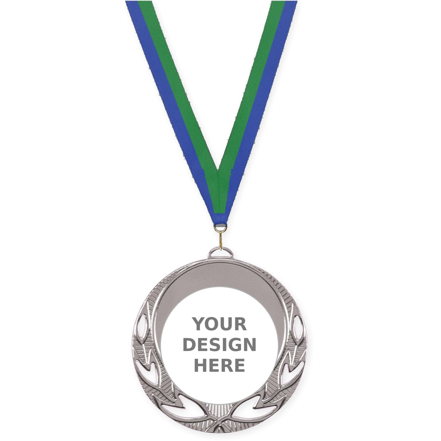 2 3/4 inch Open Laurel insert medal in bright silver with Blue Green neck ribbon