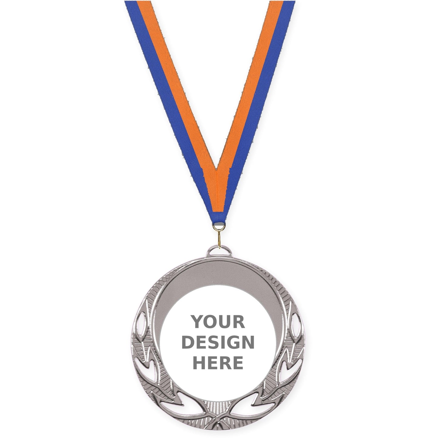 2 3/4 inch Open Laurel insert medal in bright silver with Blue Orange neck ribbon