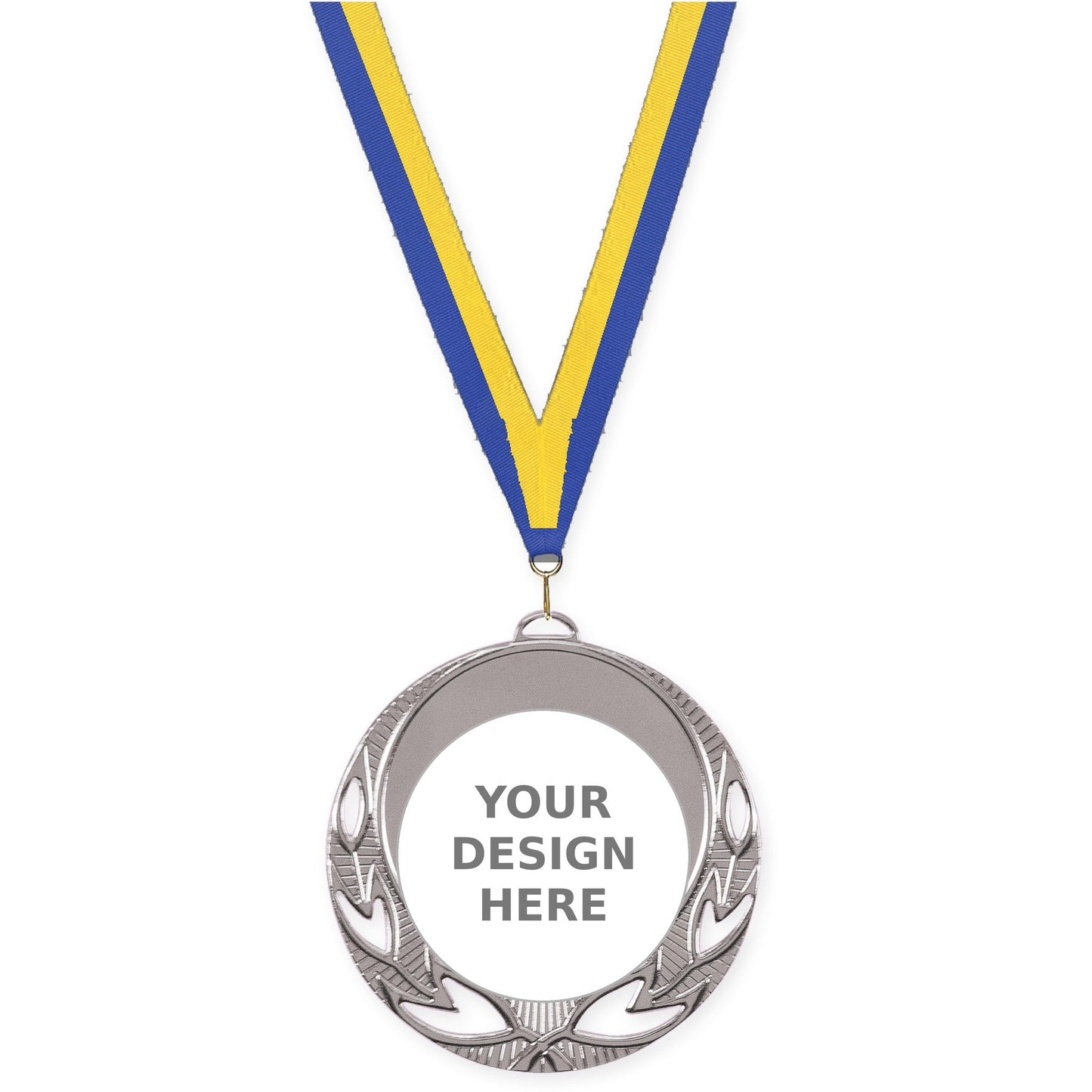 2 3/4 inch Open Laurel insert medal in bright silver with Blue Yellow neck ribbon