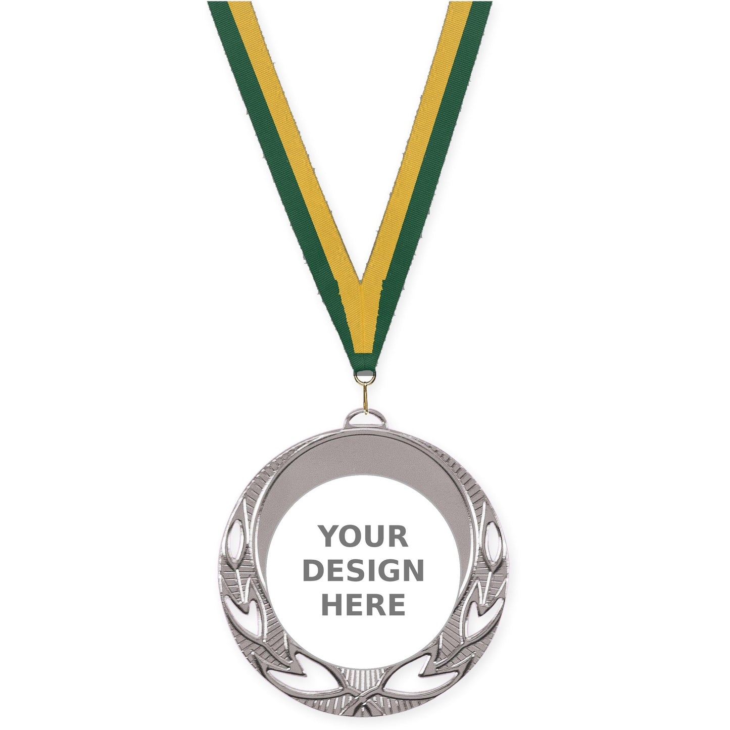 2 3/4 inch Open Laurel insert medal in bright silver with Hunter Green Gold neck ribbon
