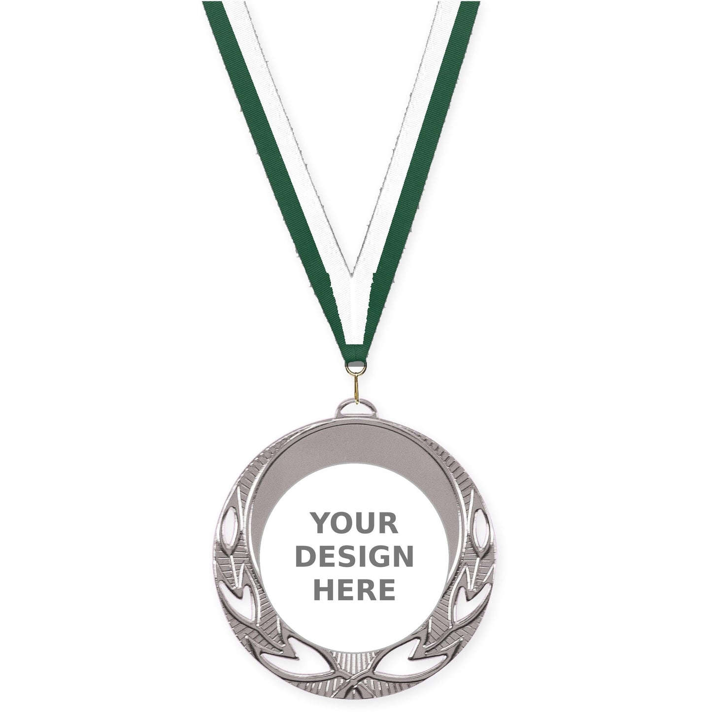 2 3/4 inch Open Laurel insert medal in bright silver with Hunter Green White neck ribbon