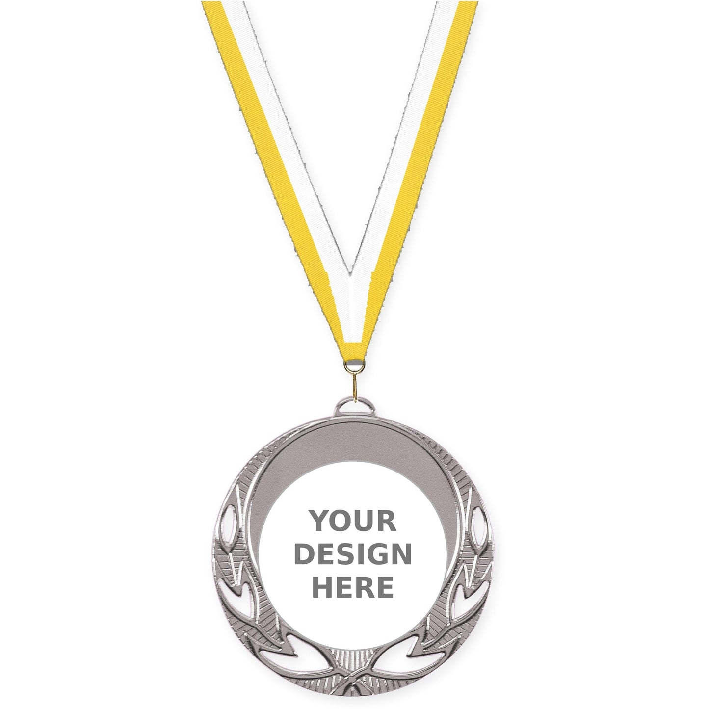 2 3/4 inch Open Laurel insert medal in bright silver with Yellow White neck ribbon