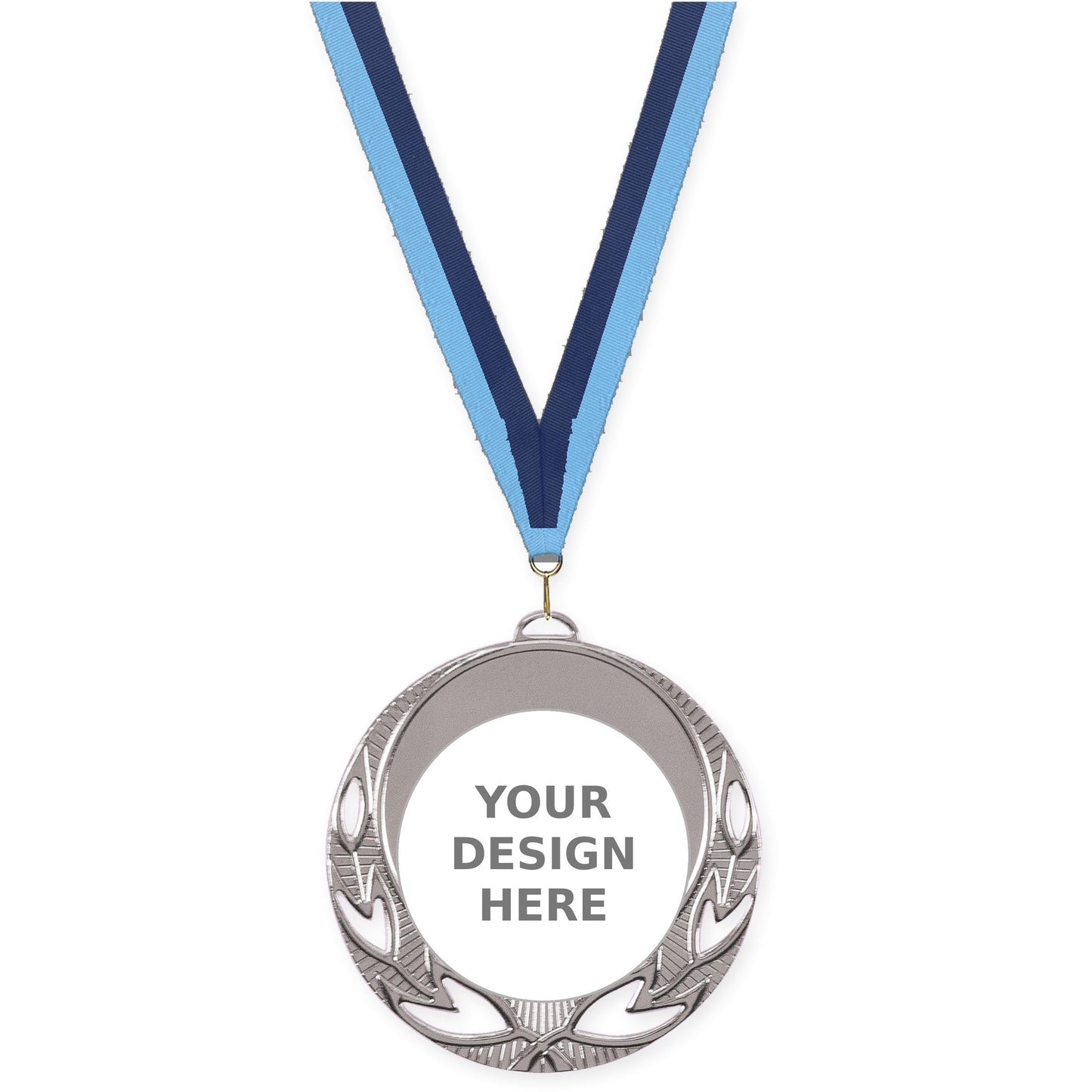 2 3/4 inch Open Laurel insert medal in bright silver with Light Blue Navy neck ribbon