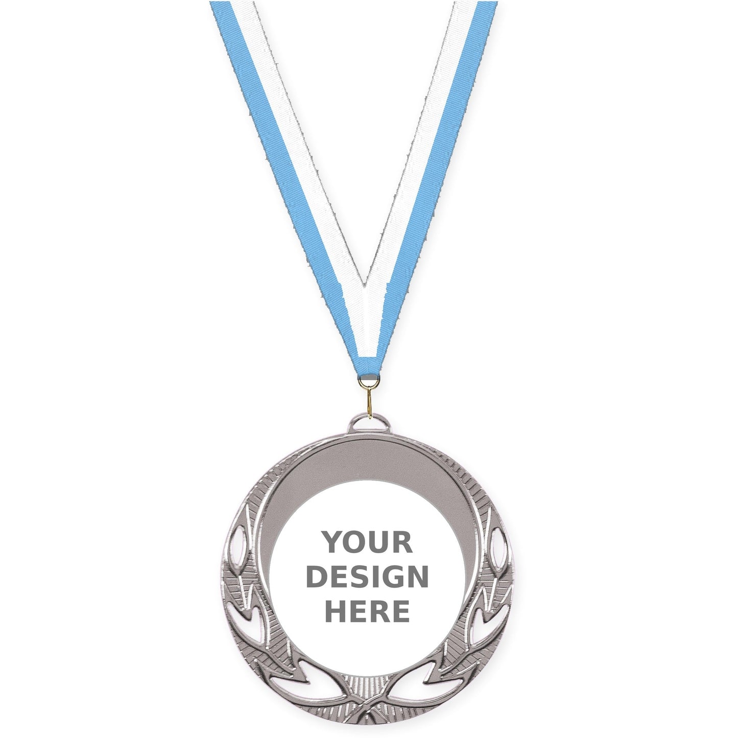 2 3/4 inch Open Laurel insert medal in bright silver with Light Blue White neck ribbon
