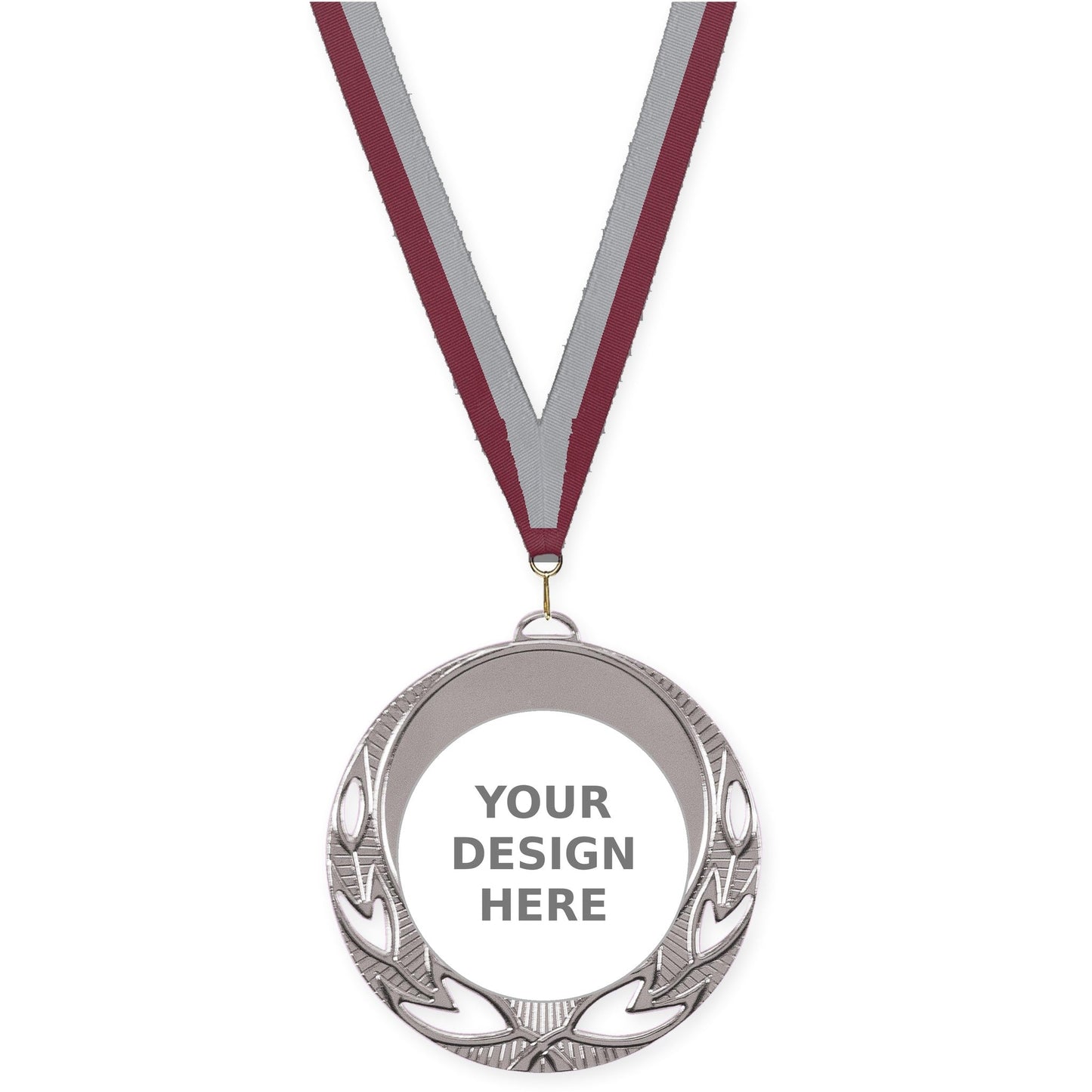 2 3/4 inch Open Laurel insert medal in bright silver with Maroon Gray neck ribbon