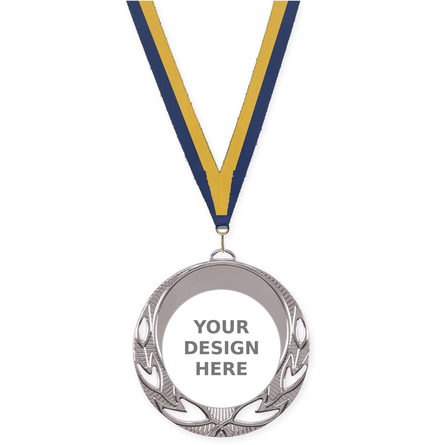 2 3/4 inch Open Laurel insert medal in bright silver with Navy Gold neck ribbon